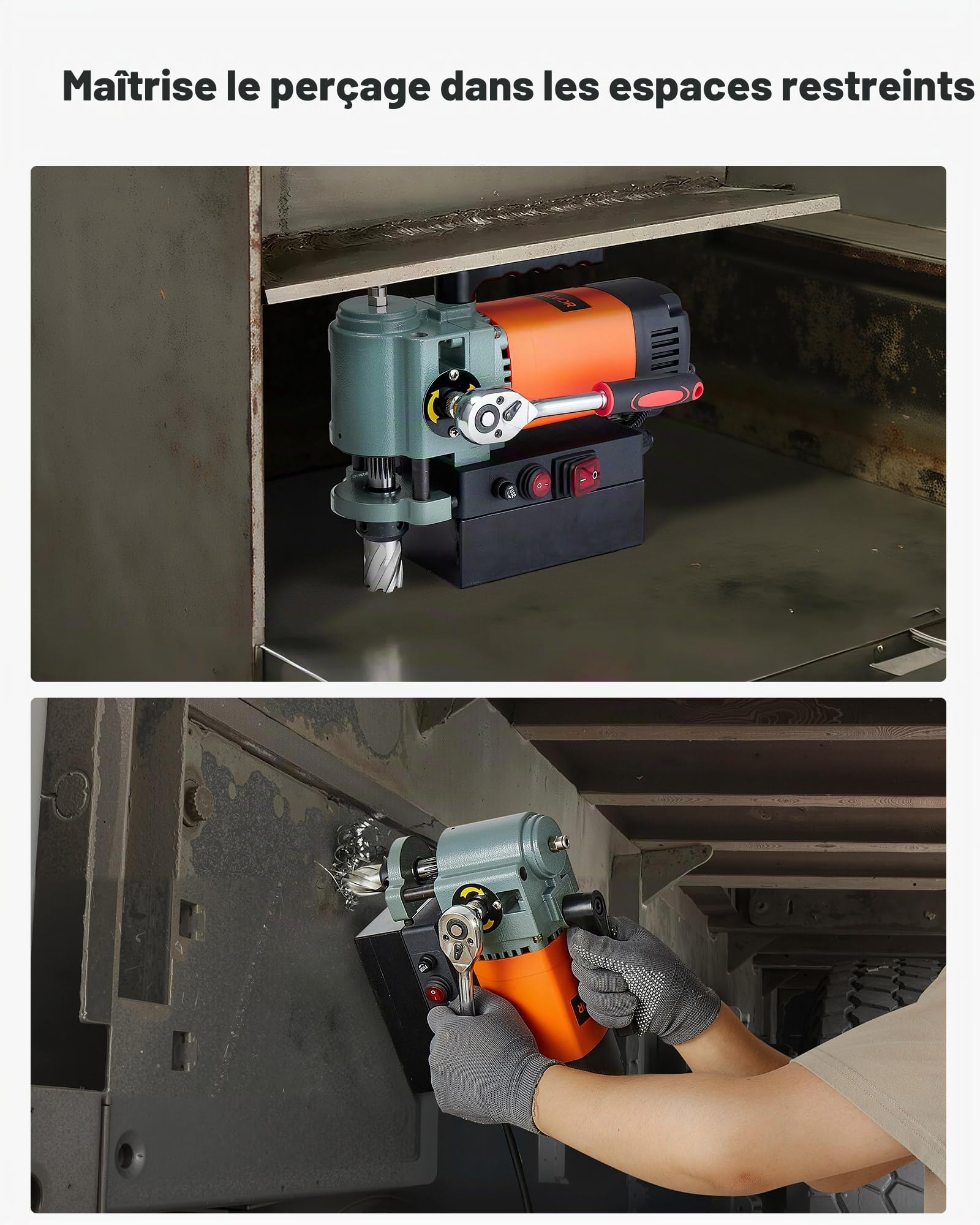 VEVOR Perceuse Magnétique à Profil Bas 1300 W, Perceuse à Colonne Portable, Force 10000 N, Vitesse 650 tr/min, Diamètre d'Alésage de 35 mm, avec Tige Weldon, pour Surfaces Métalliques, Rénovation
