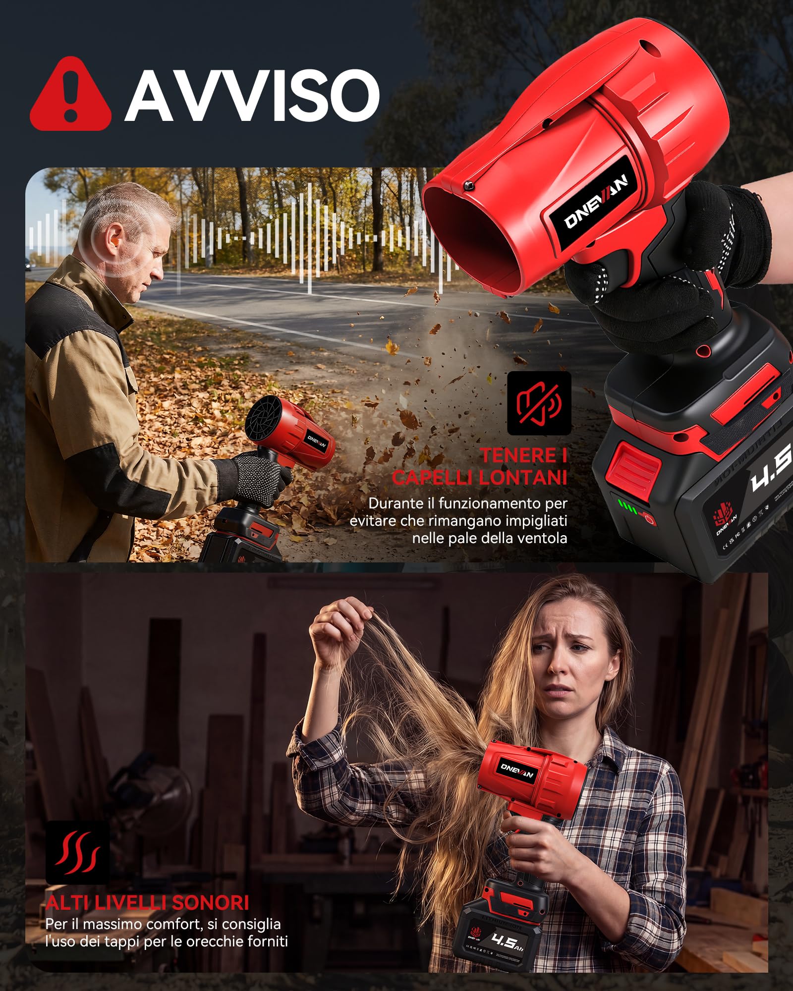 ONEVAN Turbo Soffiatore a Batteria, 600km/h Soffiatore per Foglie Brushless con 2 Batterie 4,5Ah e Caricabatterie 1,2A, Forza Soffiante 1,5kg, Soffiatore Elettrico Portatile per Foglie, Polvere e Neve