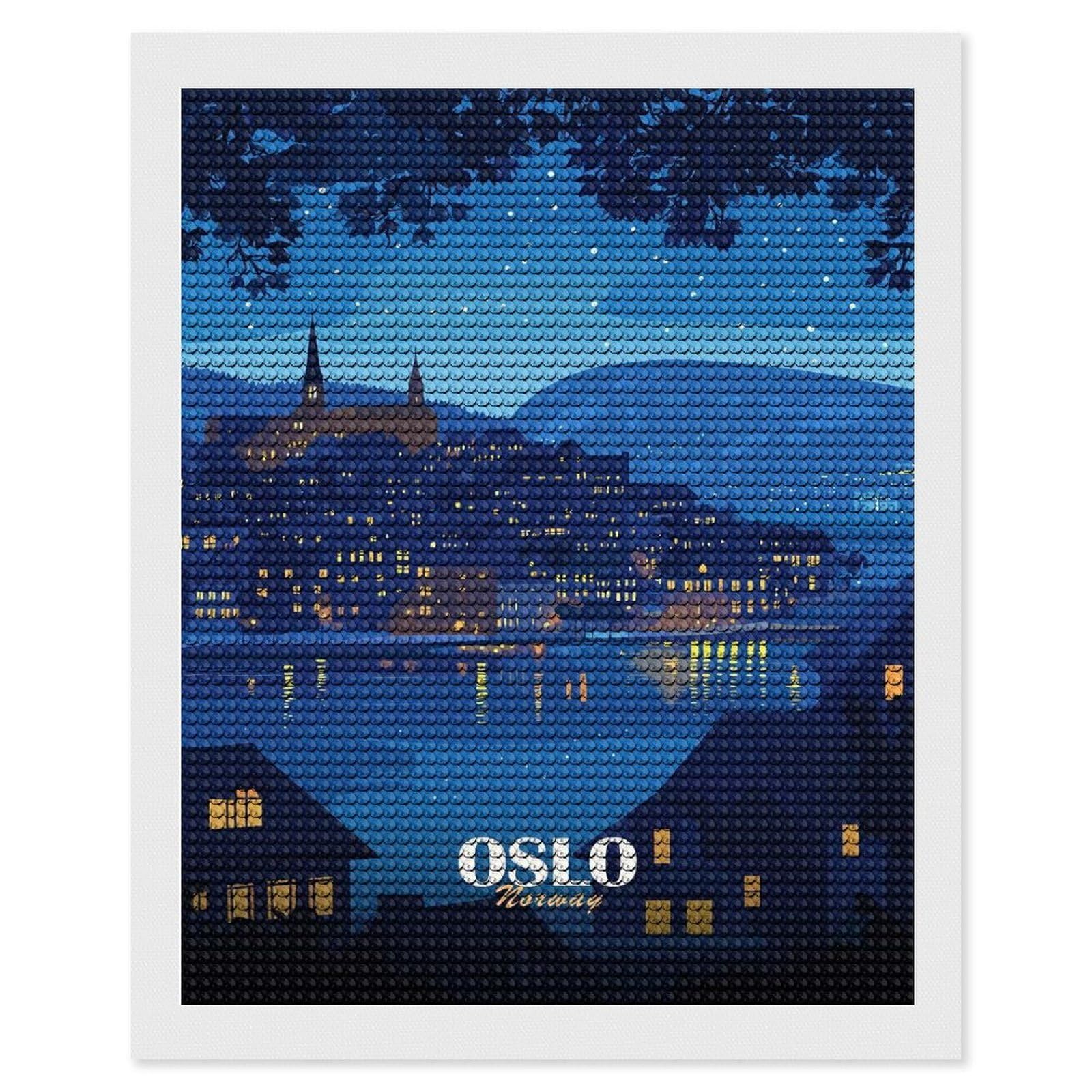 Junmoney Oslo, Norway Night Cityscape Illustration Diamond Painting Canvas Set 16"x20", for Women, Mindful Craft Activity, Cosy Home Accent, Festive Craft Gift