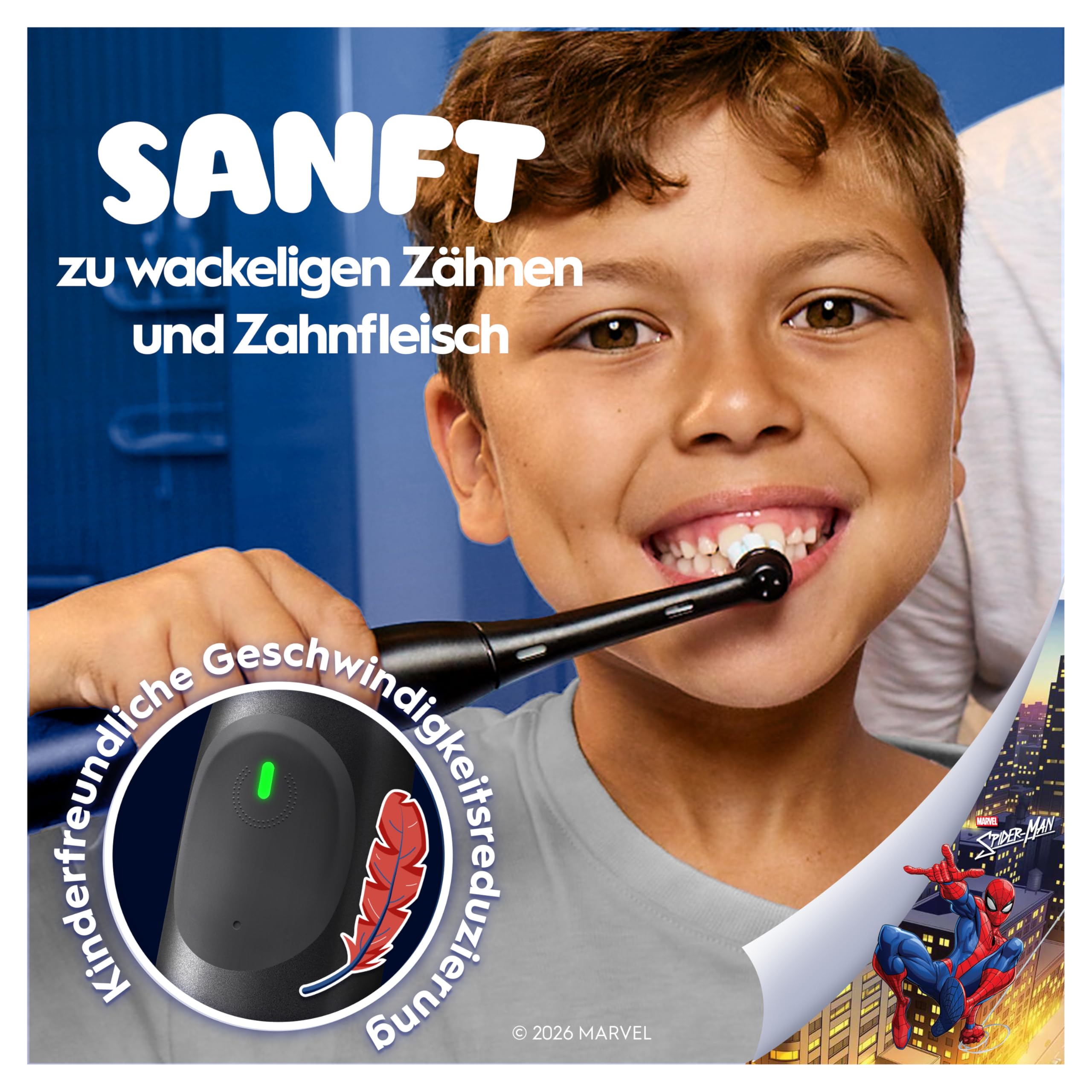 Oral-B iO Kids 6+ Marvel Spiderman Elektrische Zahnbürste Kinder, Schwarz | Kinderzahnbürste Elektrisch ab 6 Jahren mit 1 Aufsteckbürste, Inkl. Reise-Etui, TESTSIEGER (2,0) bei STIFTUNG WARENTEST