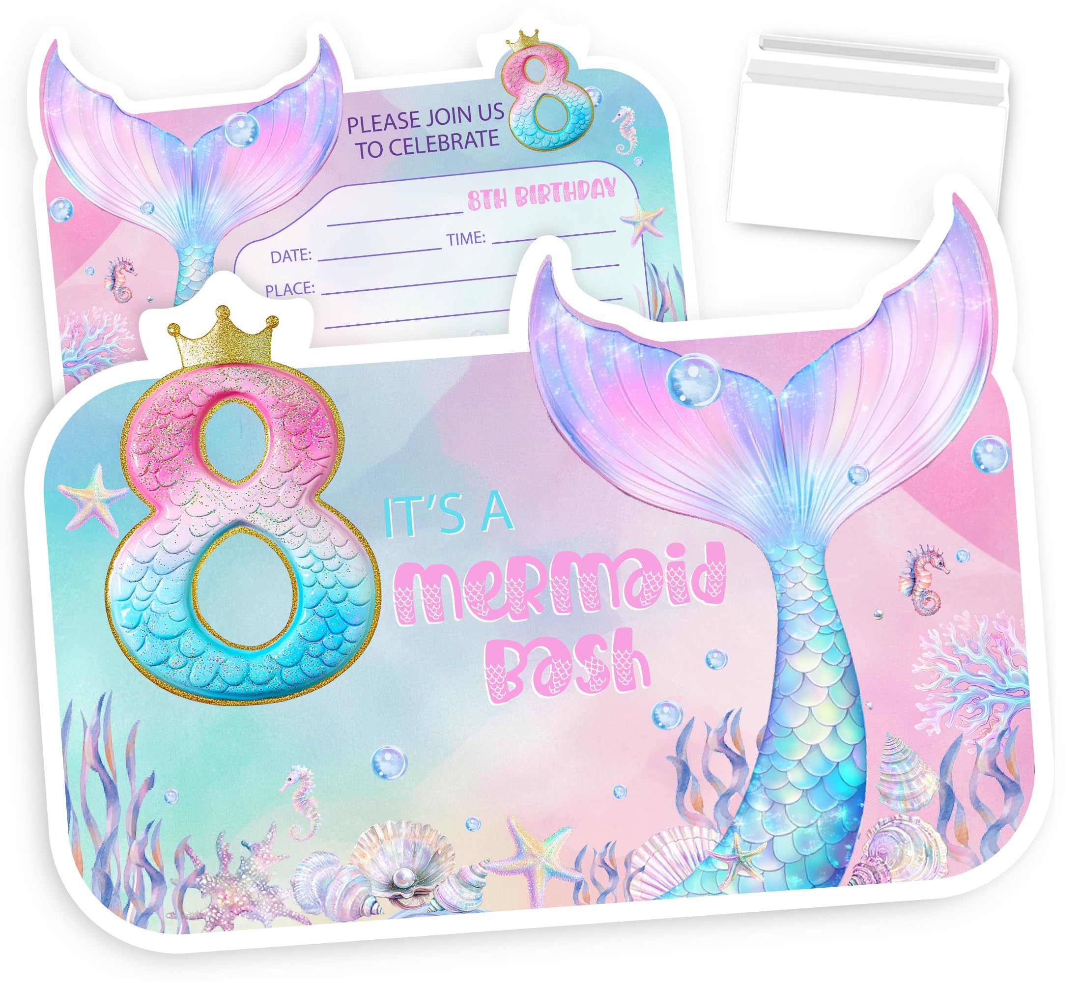 VAVINCI Mermaid Birthday Invitations, 8th Birthday for Girls Kids, Pink Mermaid Pool Party Invites, 30 Sets with Envelopes