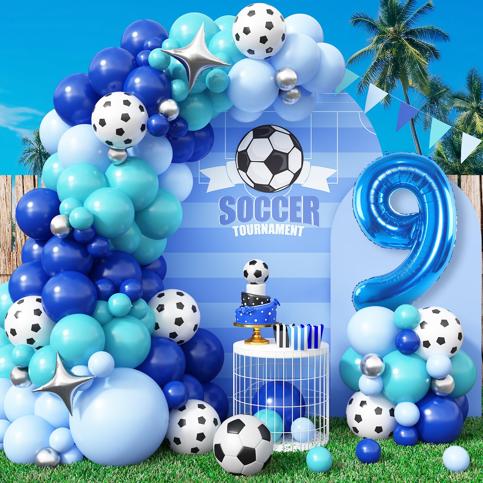 Soccer 9th Arch Garland Kit, Royal Blue Teal Light Blue Balloon Arch, 40 Inch Number 9 Star Foil Balloon for Boys 9 Years Old Football Birthday