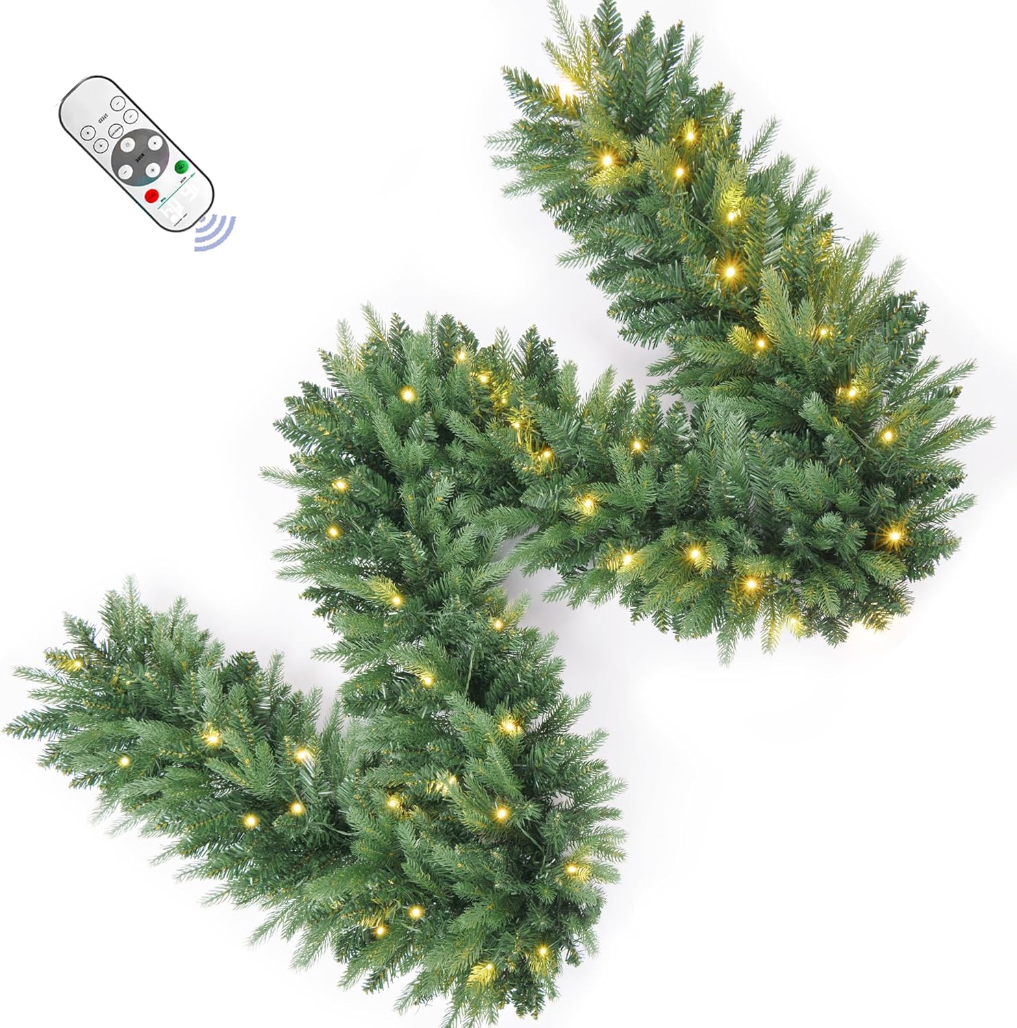 9FT Pre-Lit Artificial Christmas Garland with Dual Color LED Lights and Timer by Remote Control and Batteries Operated, Holiday Decorations, for Indoor Door Home Stairs Fireplaces Wall Battery Operated Polypropylene Green 9FT