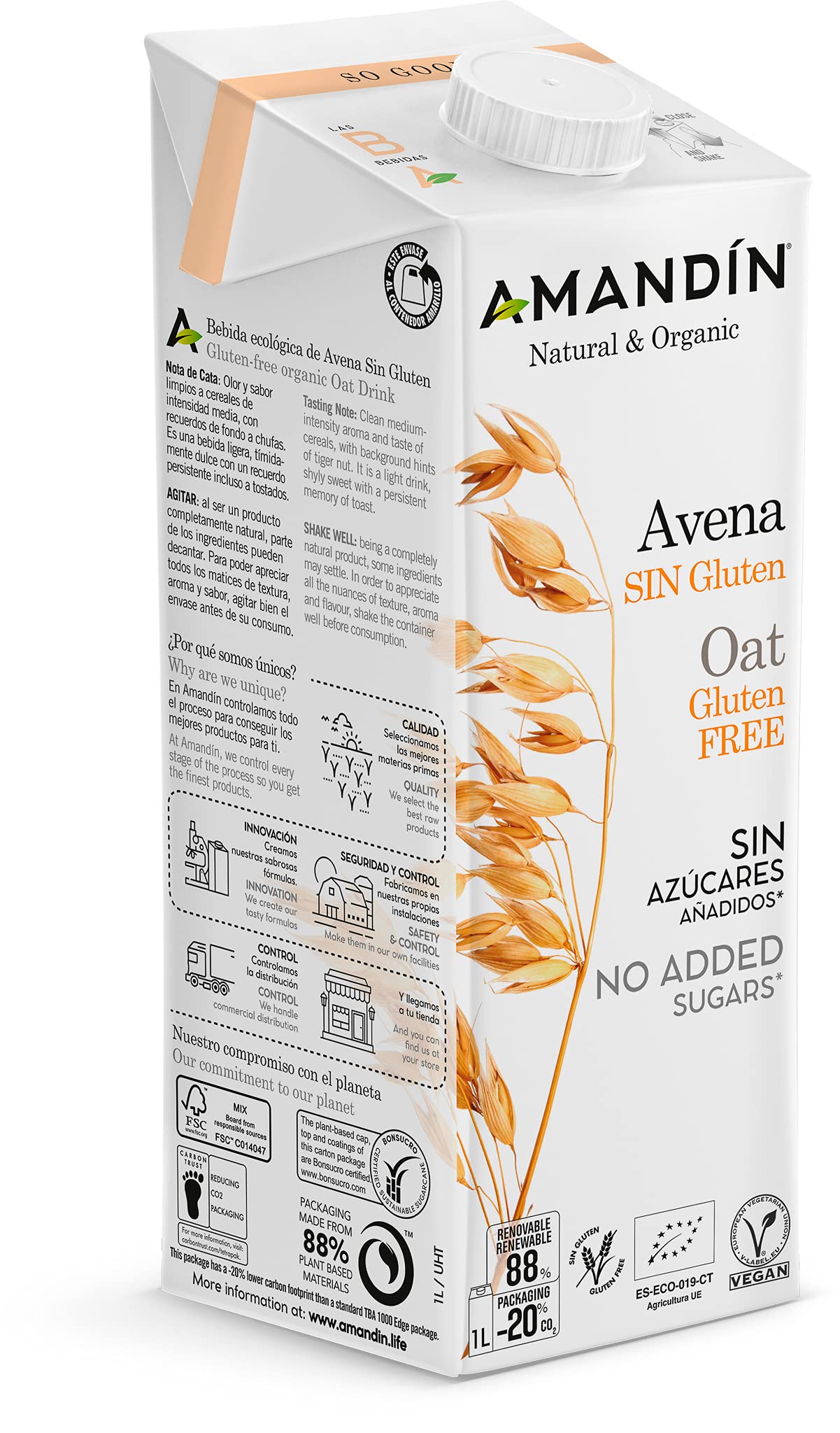 Amandin Bebida Ecológica De Avena Sin Gluten 1 L