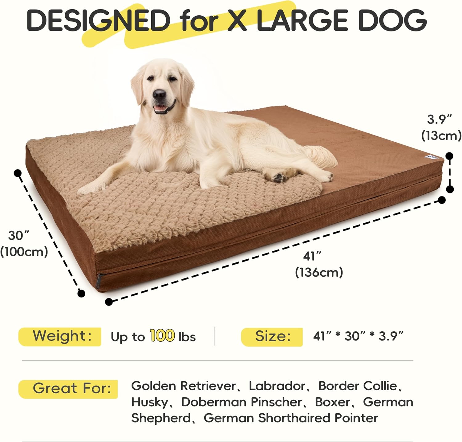 review 41 Inch XLarge Dog Beds - Reversible Waterproof Orthopedic Dog Beds with Removable Washable Cover for Large Dogs, Egg Crate Foam Pet Mat for Dogs Weighing Up to 100 lbs, Brown