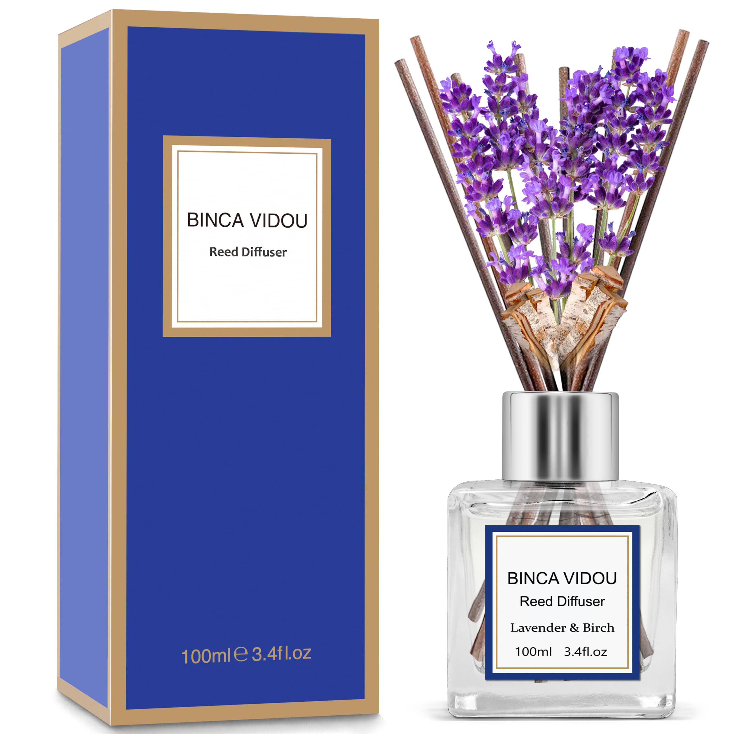 binca vidou Reed Diffuser Lavender & Birch, Home Scented Oil Reed Diffuser Set for Bedroom Living Room, Remove Bad Smells, Strong & Long Lasting Fragrance for 50 Days, 100 ml/3.4 oz