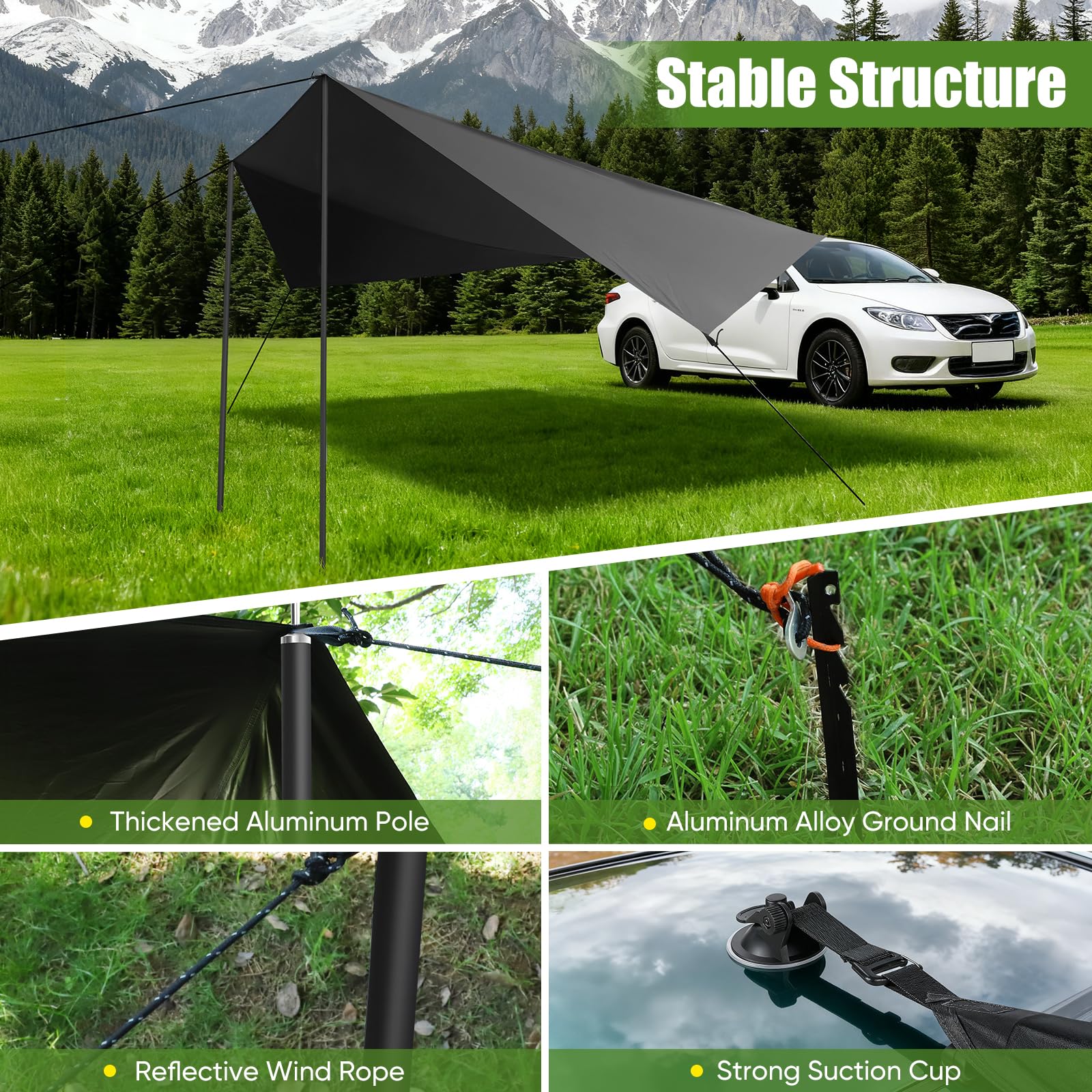 Toldo para coche, 2 x 3 x 2 m, Oxford 210D con columna de agua de 8000 mm y 99,9% de protección UV, universal, con varillas de aluminio, ventosas y cuerdas reflectantes para SUV, furgonetas, caravanas