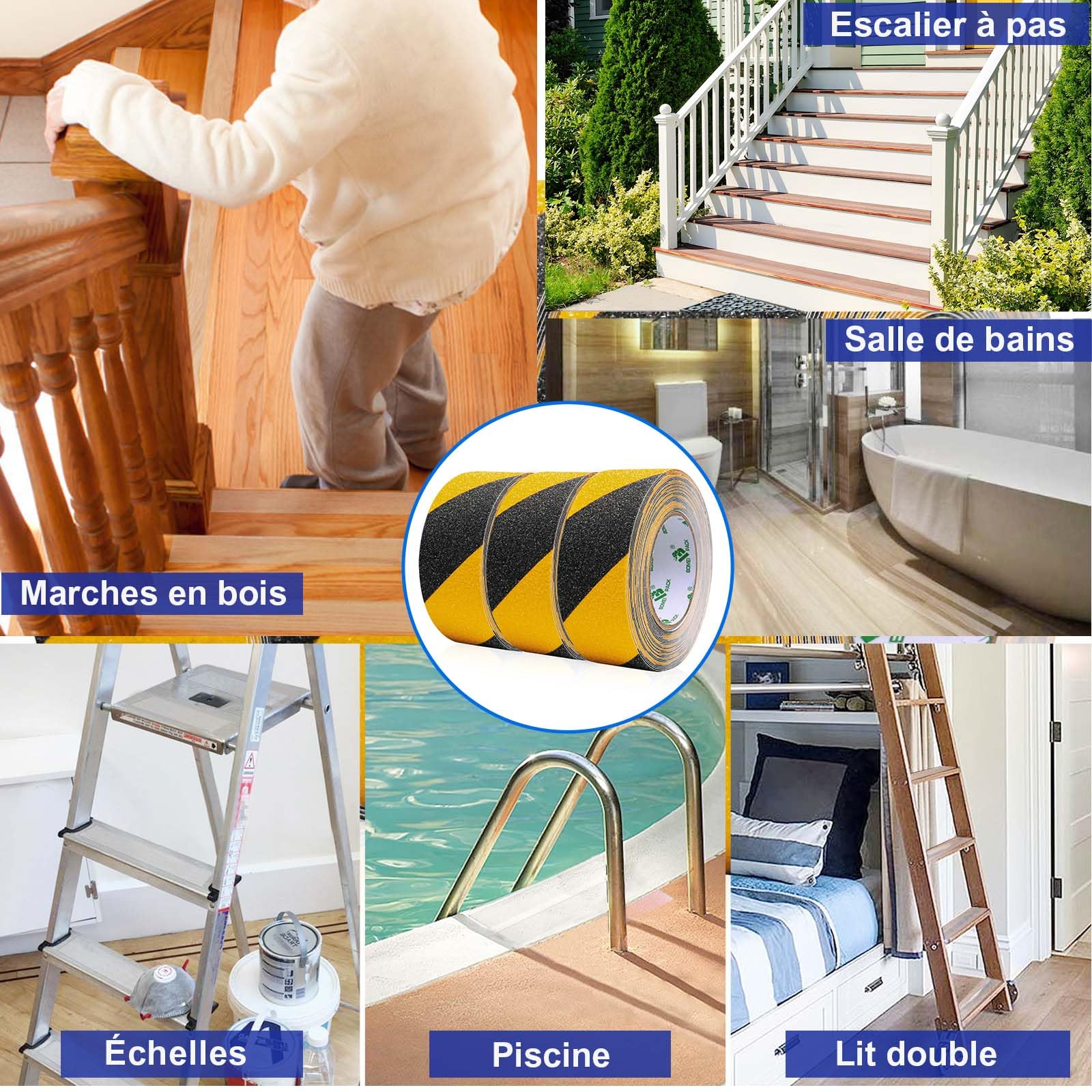 BOMEI PACK Nastro adesivo antiscivolo per scale, nastro adesivo di sicurezza, nastro adesivo antiscivolo, giallo nero, 5 x 10 m, 3 rotoli, nastri di avvertimento, marcatura di sicurezza