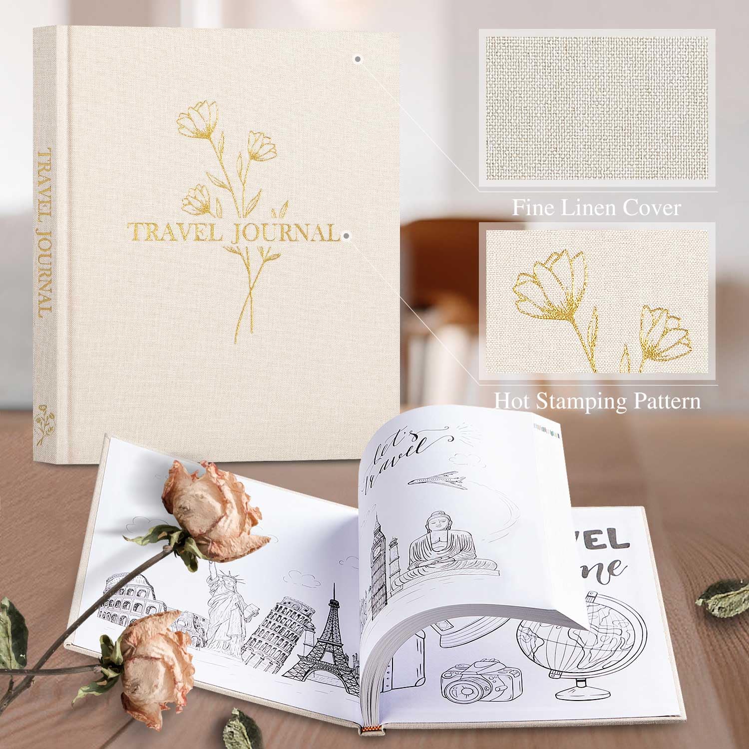 Lanpn Travel Photo Journal Notebook for Women Men Linen Travel Log Diary Scrapbook Memory Book with Prompts - Image 2