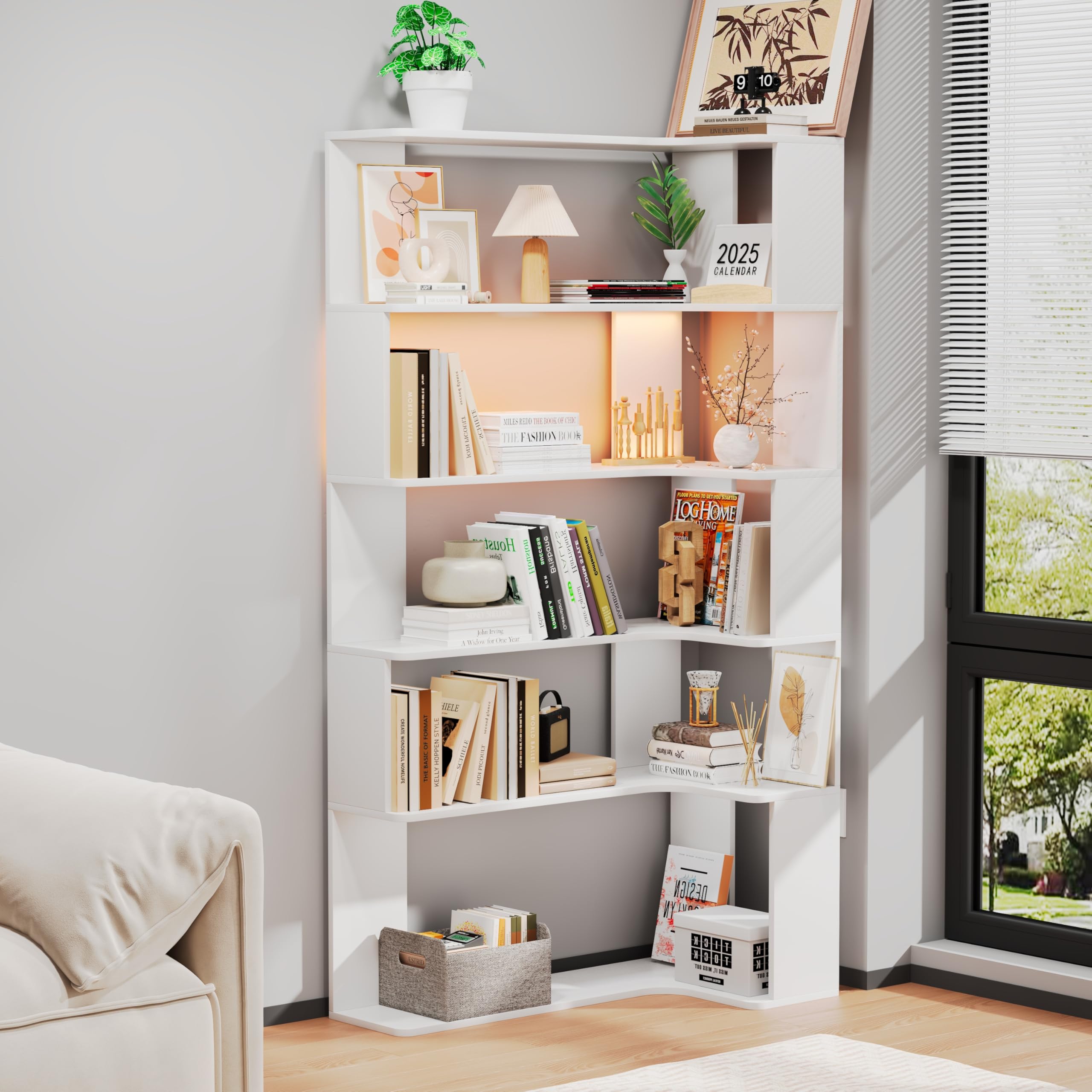 Libreria Angolare A L Con LED | 5 Ripiani 90x48 Cm In Bianco O Nero | 169 Cm Di Altezza Per Soggiorno E Ufficio