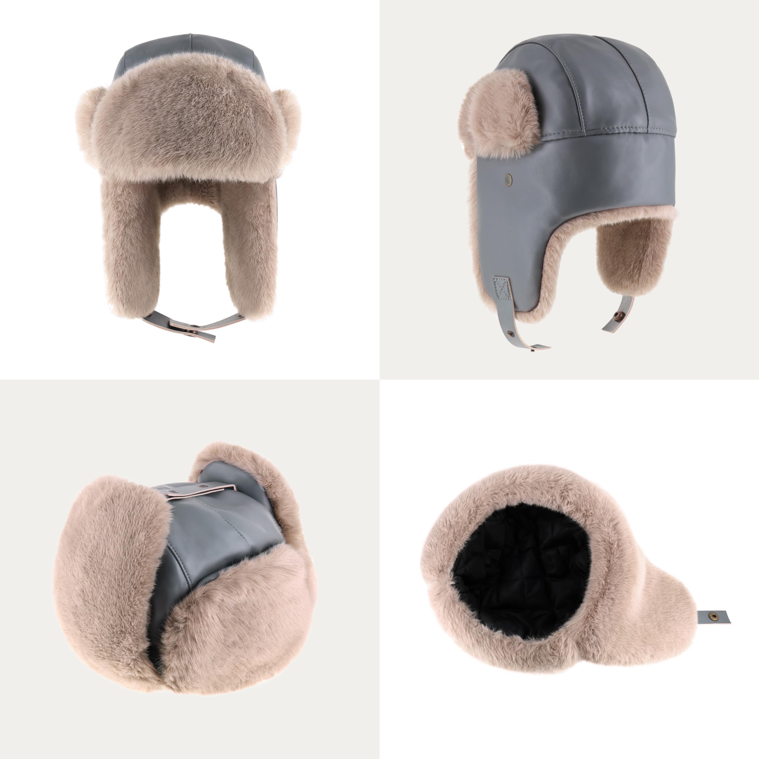 PU Leather Trapper Hat with Faux Fur Lining Warm Aviator Hat - Durable Stylish Winter Headwear for Skiing Hunting Snowboarding (Light Grey)