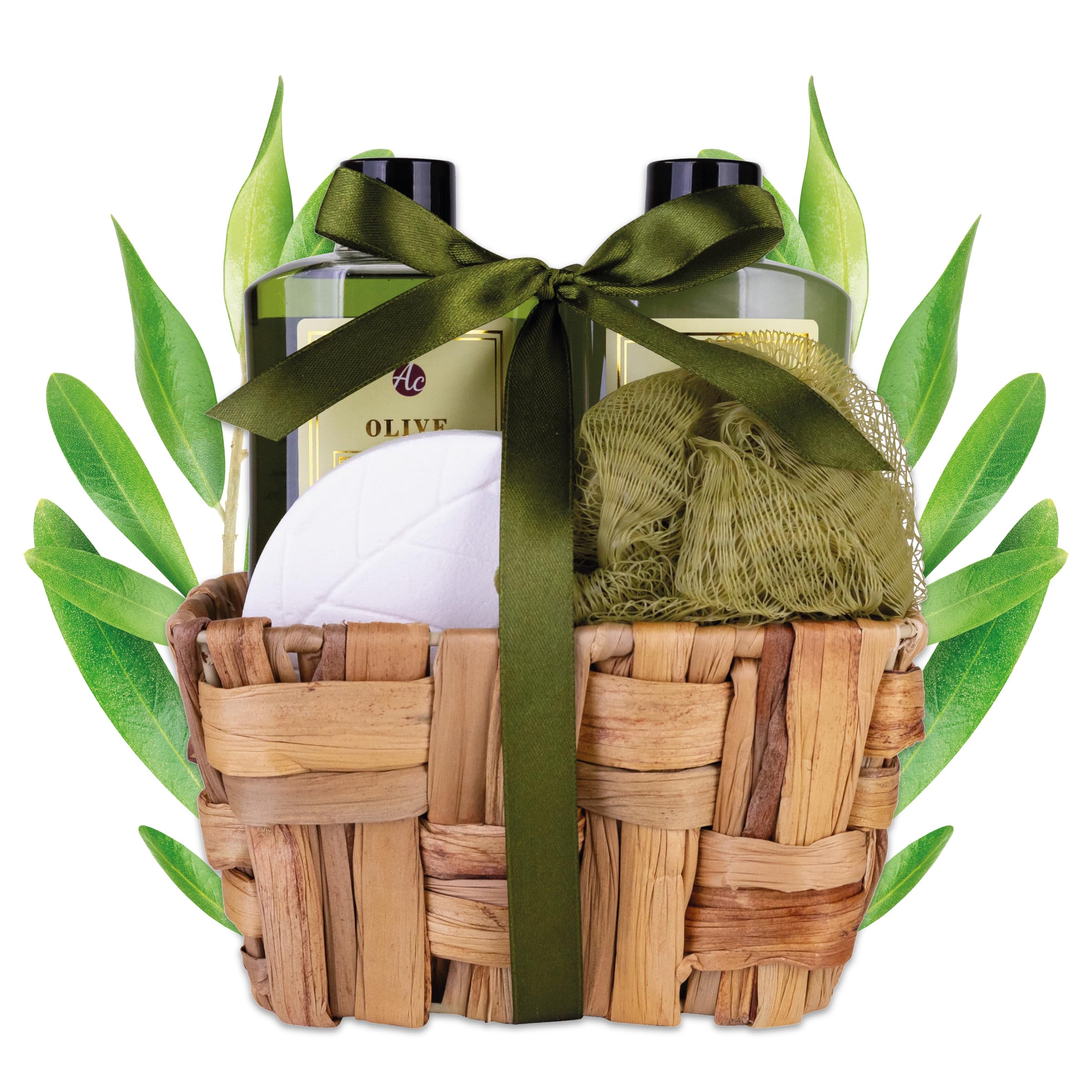 Accentra - Set de baño de regalo para mujer OLIVE en copas de algas marinas, set de ducha regalo con gel de ducha, baño de espuma, bomba de baño y esponja de red, set de bienestar de 4 piezas para