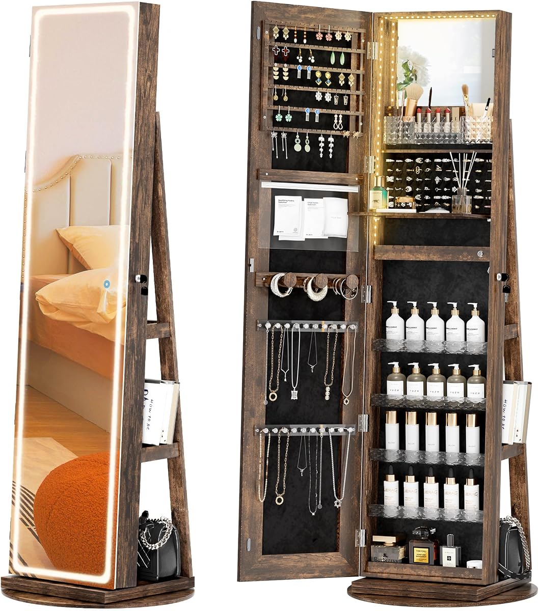 TJYGO LED Mirror Jewelry Cabinet Standing, 360° Swivel, Brown | Full-Length Mirror with Storage, Lockable Jewelry Organizer with Inner Foldable Shelf, Gift for Women