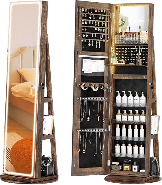 Mirror Jewelry Cabinet Standing, Jewelry Armoire with Full-Length LED Mirror and Adjustable Lights, 360 Swivel Jewelry Organizer Storage