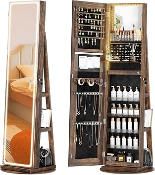 Mirror Jewelry Cabinet Standing, Jewelry Armoire with Full-Length LED Mirror and Adjustable Lights, 360 Swivel Jewelry Organizer Storage