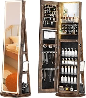 Brown standing jewelry cabinet with full-length mirror and swivel design