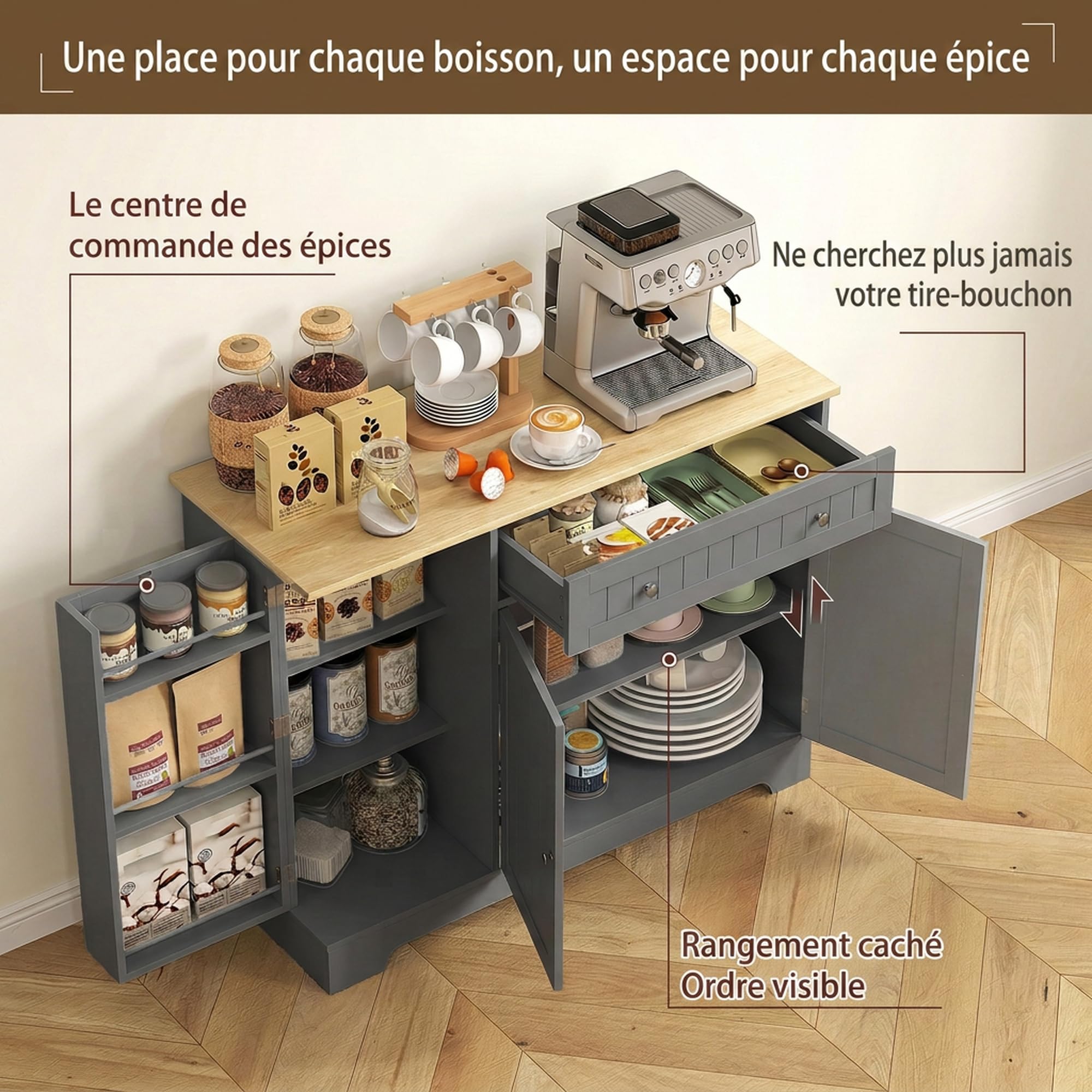 HOMCOM Mobile bar caffè moderno con vano, cassetto, mensole porta, Grigio