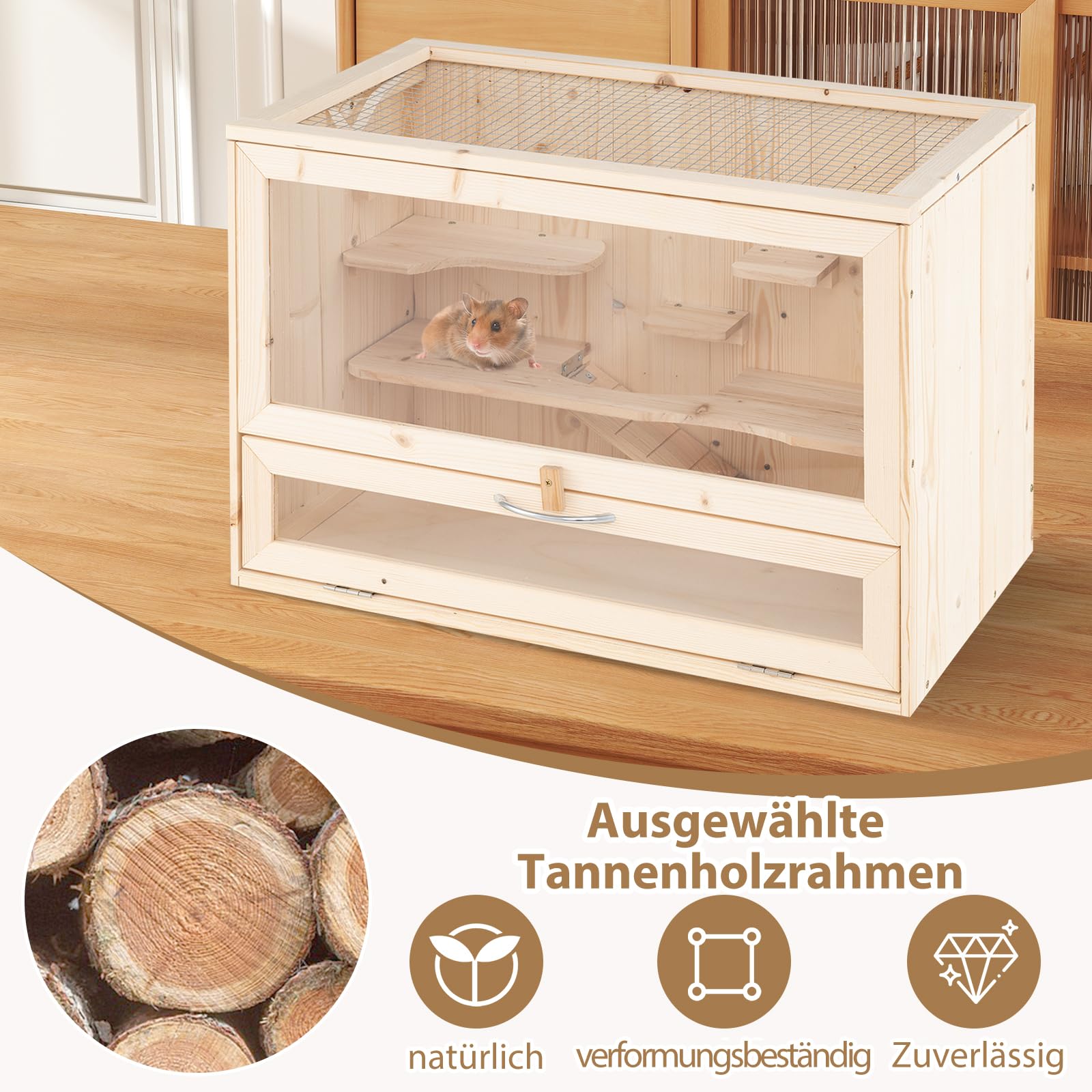 GOPLUS Hamsterkäfig Holz, Nagerkäfig 60cm lang, Meerschweinchen Käfig mit modularer Aufbau Inkl. Tür aus Acrylglas, Rampe, Plattform & 5 Kletterbretter, Holzkäfig für Hamster (60 x 35,5 x 42 cm)