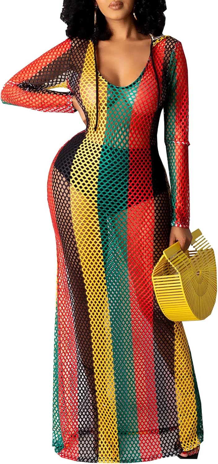 YouSexy Women's Sexy Swimsuit Maxi Dress Cover Up Long Sleeve Hollow Out Fishnet See Through Summer Beach Swimwear