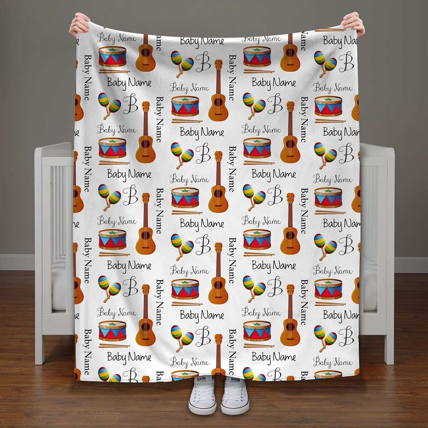 Guitar Personalized Baby Blanket with Name - Music Customize Newborn Gift Baby Boy Girl, Soft Minky Blankets for Kids