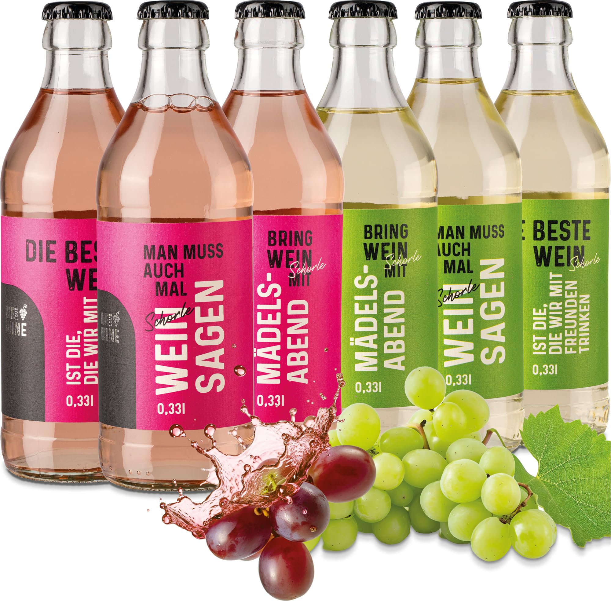 Brauerei Zwönitz – Weinschorle 0,33l im 6er Pack / 3x Weißwein Schorle und 3x Weinschorle Rosé/Praktische kleine Flaschen mit Sprüchen
