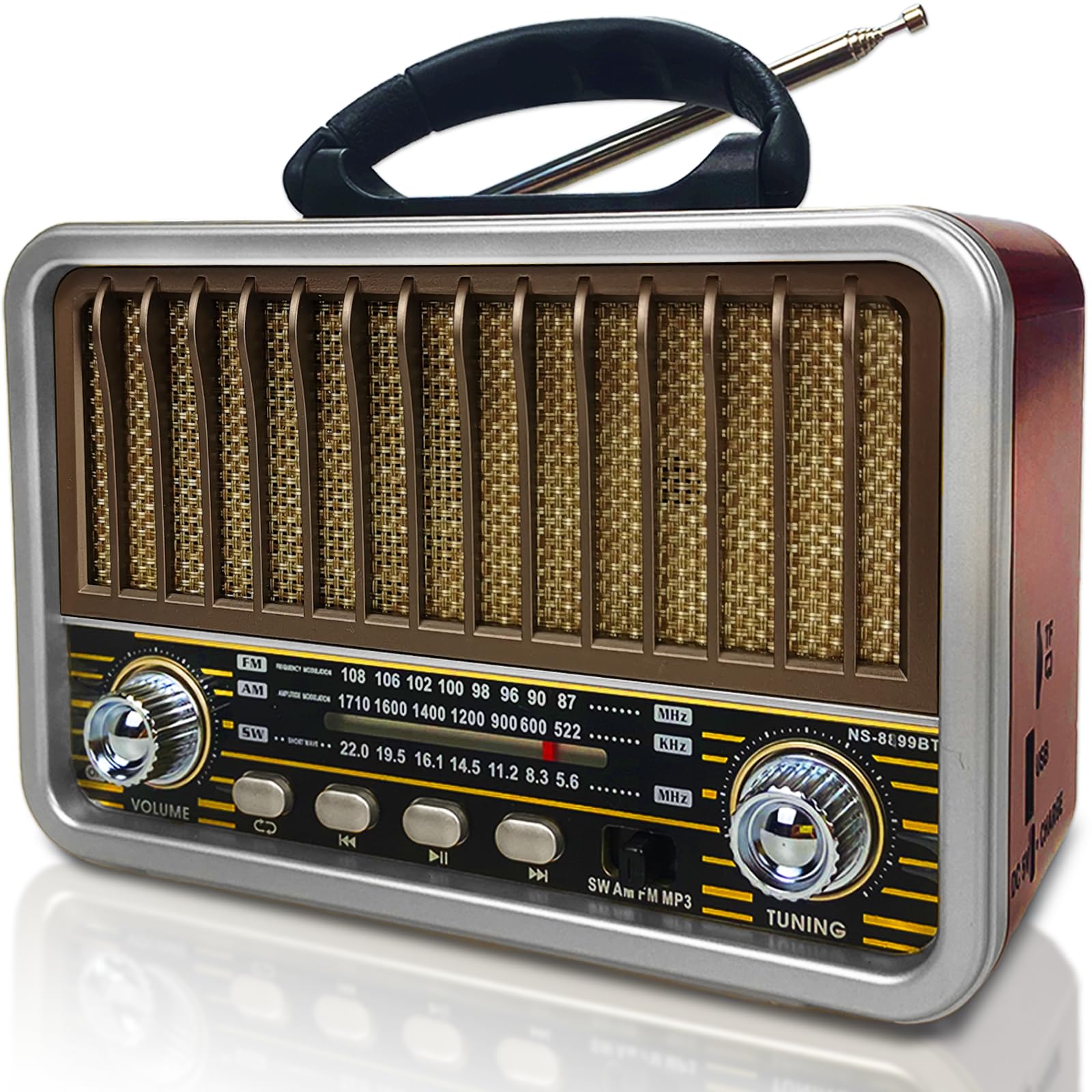 Radio Portátil Pequeña, AM/SW/FM, Bluetooth 5.0, Recargable, Soporte TWS/USB/Tarjeta TF, Retro para Cocina, Escritorio, Exterior (Blanco)