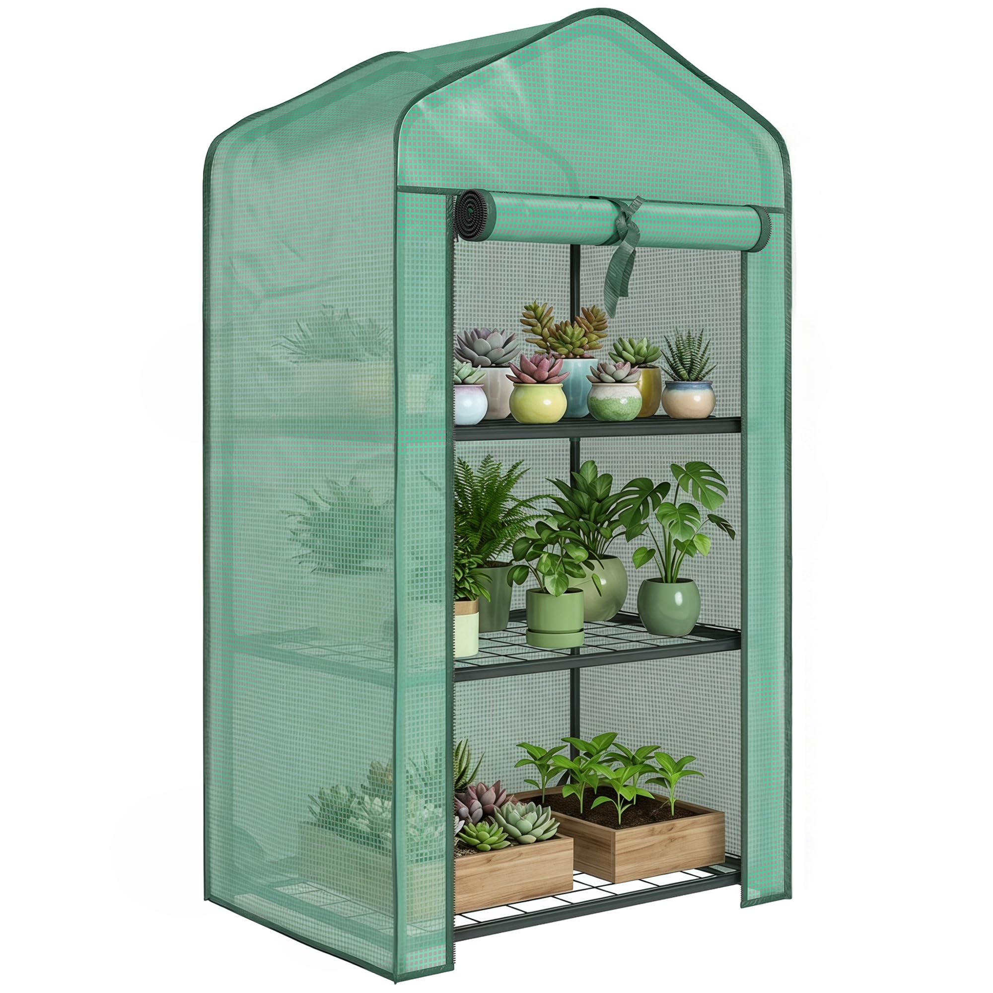 Outsunny 3 Tier Mini Greenhouse with Reinforced PE Cover, Portable Indoor Outdoor Greenhouse with Roll-up Door and Wire Shelves, 127H x 59W x 39D cm, Green
