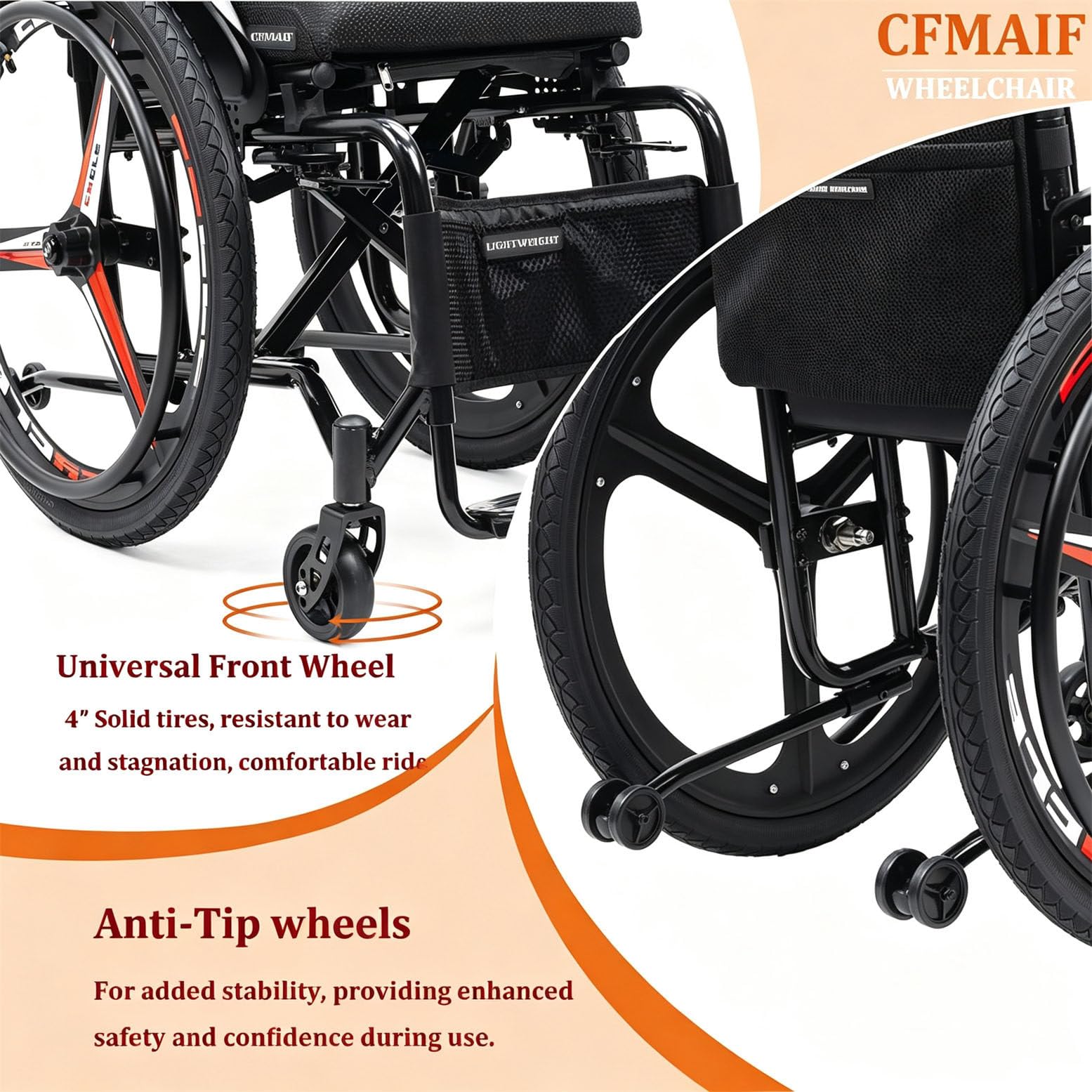 Carrozzina Sportiva Pieghevole per Trasporto 38cm/15in | Portata 100 kg, ruote posteriori da 24 pollici, carrozzina portatile per viaggi