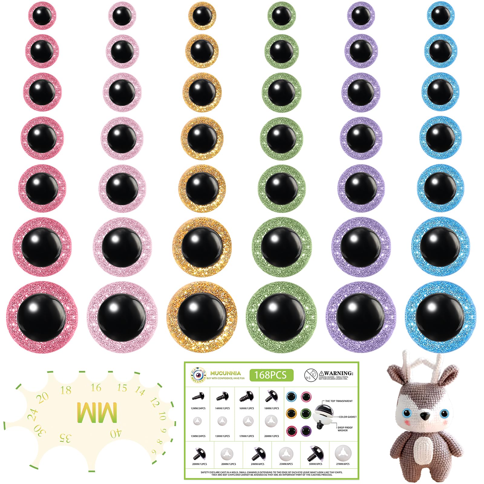 Upgraded Glitter Safety Eyes 168Pcs 12-30mm Safety Eyes for Crocheting with Washers and Size Tools Large Crochet Safety Eyes for Amigurumi Gift for Crochet Lovers Christmas Decorations-image-33