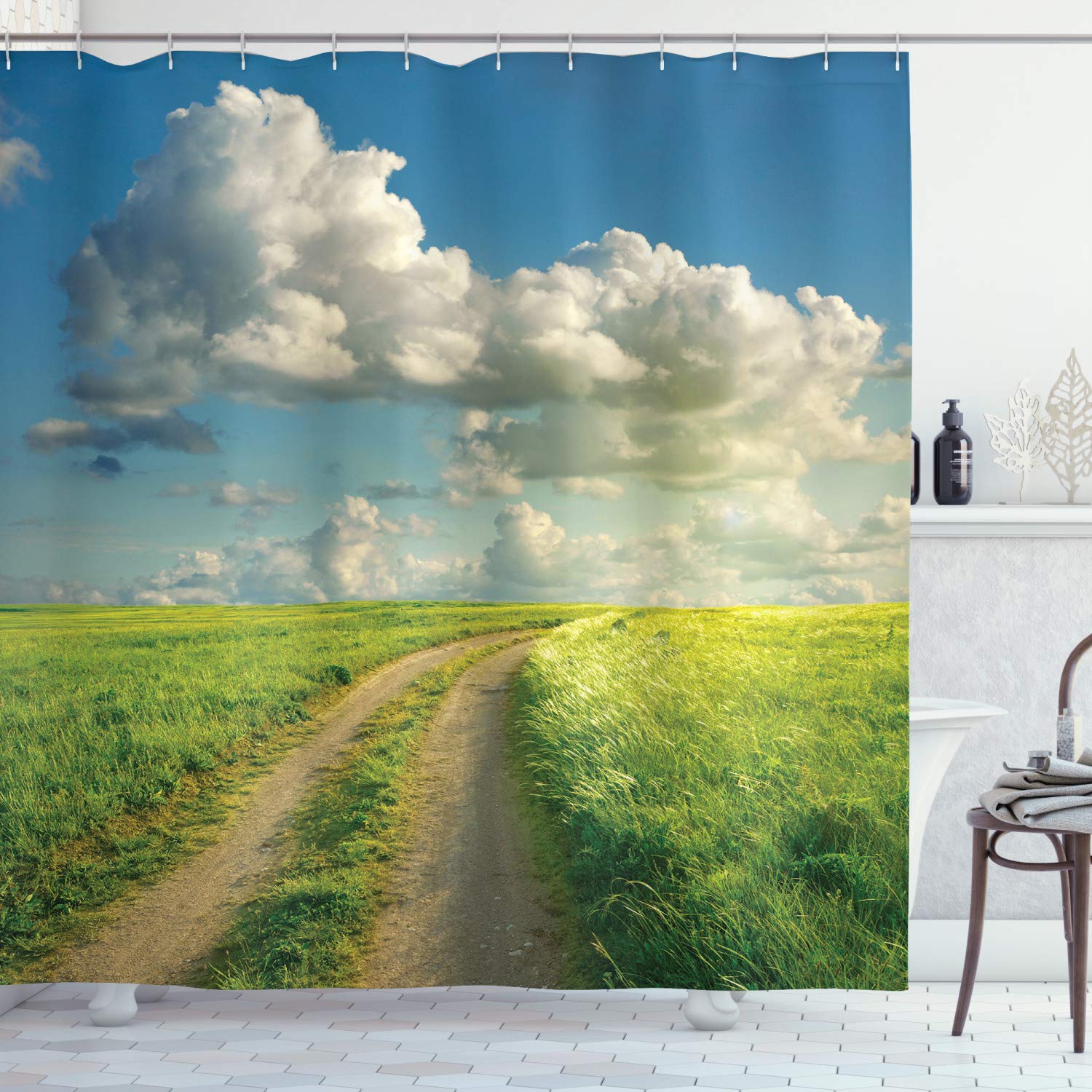 AmbesonneSummer Shower Curtain, Summer Landscape Sunshines Over Grassland Road and Cloudscape Picture, Cloth Fabric Bathroom Decor Set with Hooks, 69" W X 70" L, Lime Green