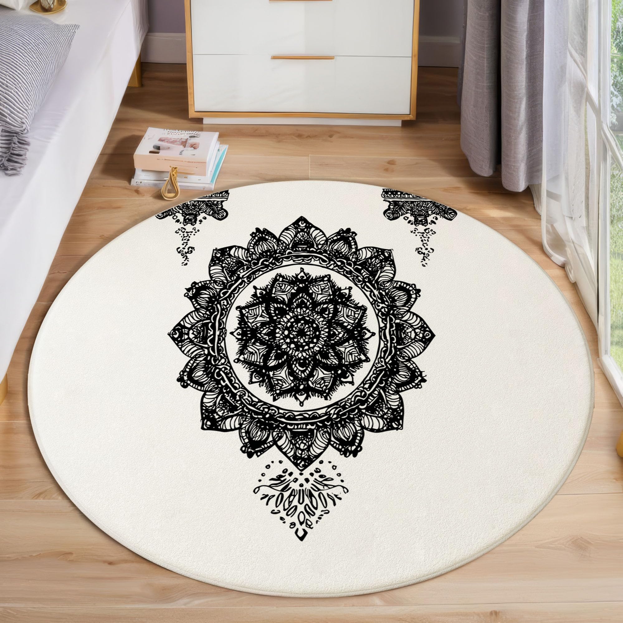 Tapis Rond Mandala Noir Et Blanc pour Salon, 180cm Circulaire Tapis Art Géométrique Minimaliste Douce Lavable Et Antidérapante pour Chambre Intérieure, Blanc