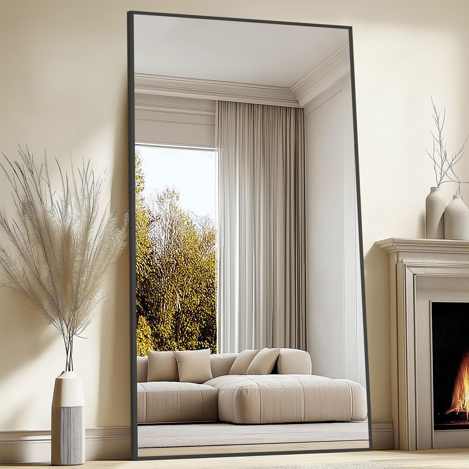 Photo 1 of 82"X44" Oversized Floor Mirror Full Length, Extra Large Standing Mirror for Gym Bedroom Living Room Clothing Store, Tempered Glass Black Full Length Body Mirror, Hanging or Wall Mounted
