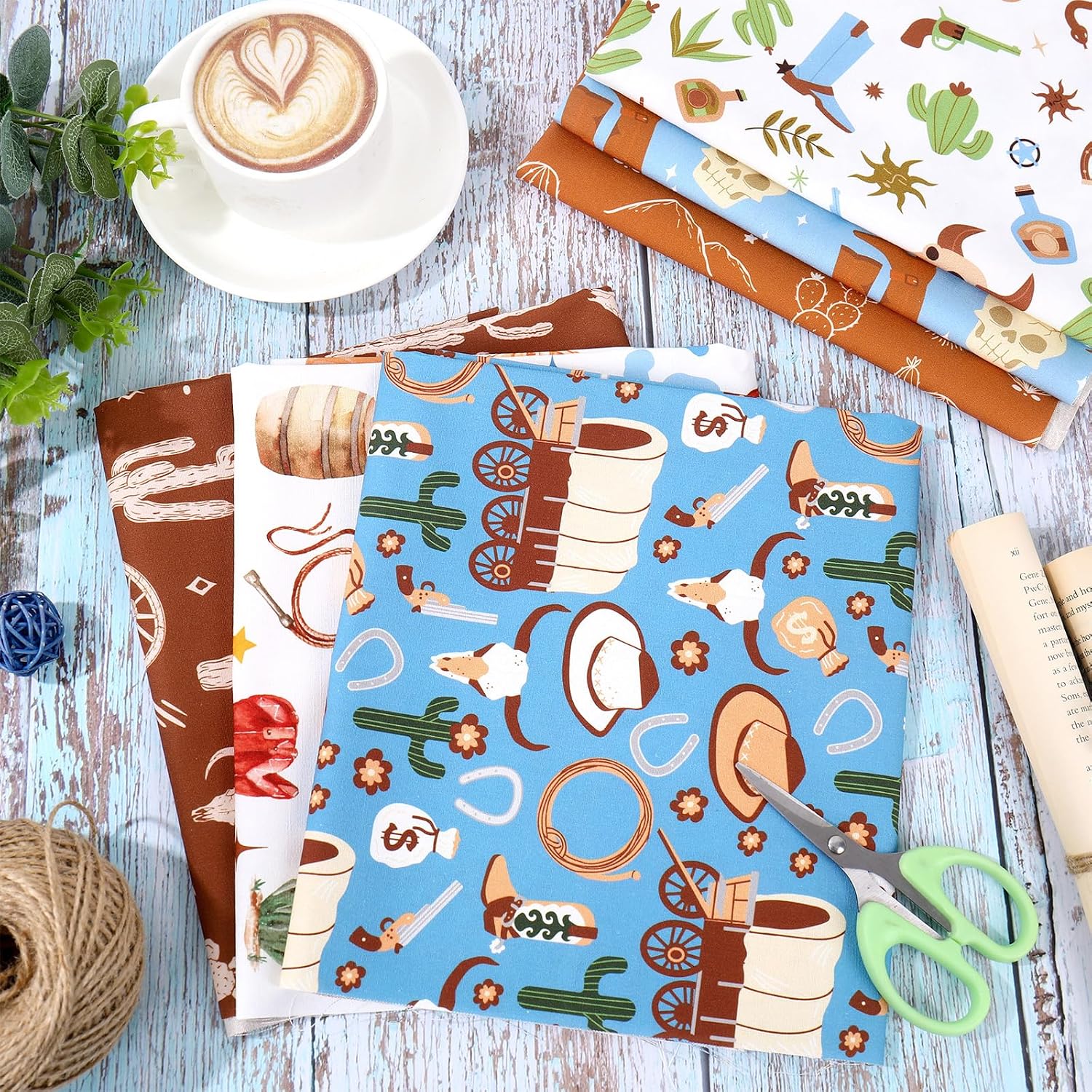 JarThenaAMCS 10Pcs Western Cowboy Cotton Fabric Bundles Fat Quarters Blue Brown Cowboy Boots Hat Cactus Cow Print Quilting Patchwork for DIY Sewing Craft Decor, 18 x 22 Inch