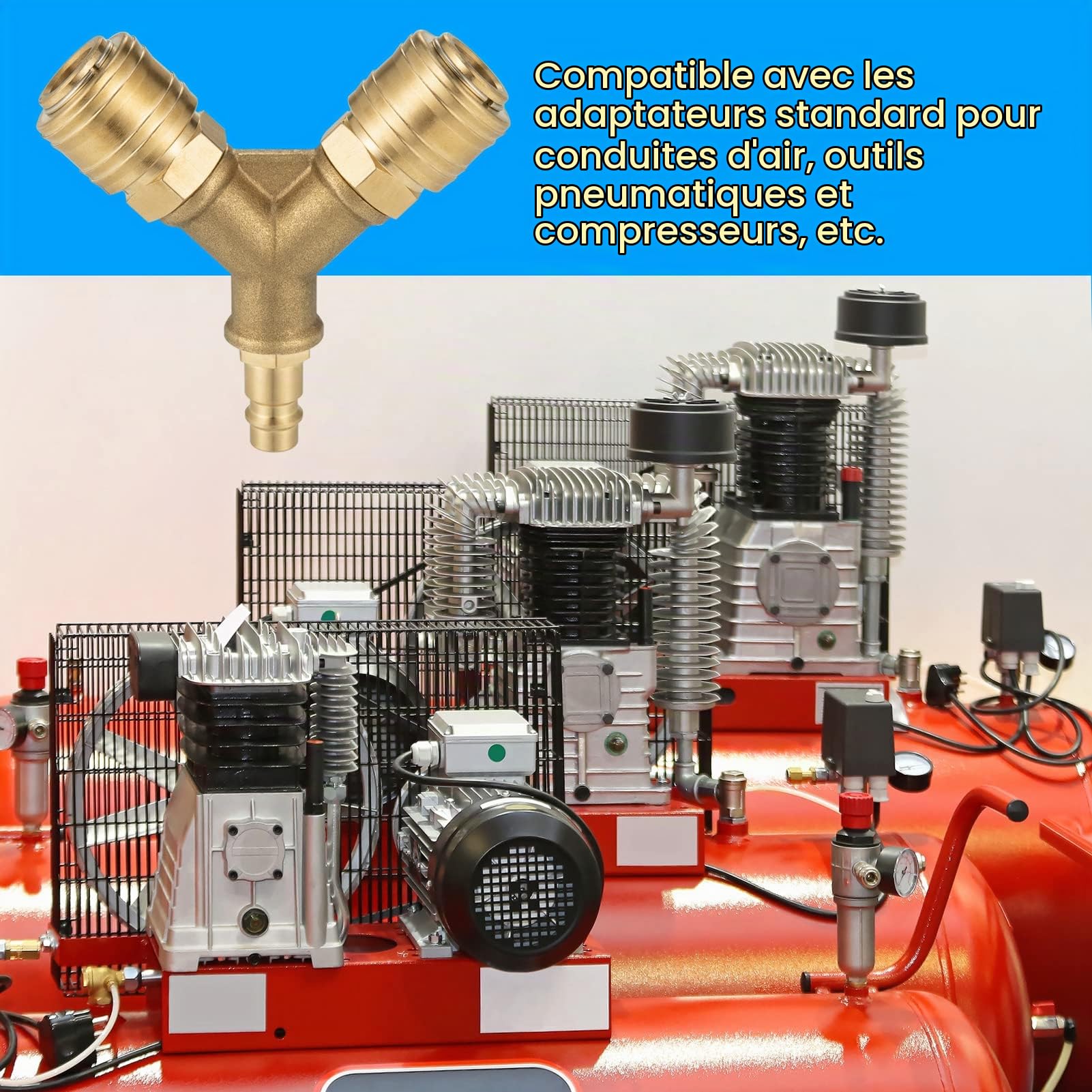 Compresseur de Tuyau d’Air, Raccord Air Comprimé à 2 Voies | Raccord Air Comprimé 1/4 Connecteur de Tuyau Fileté avec 2 Raccords, Distributeur d’Air Y Comprimé en Laiton