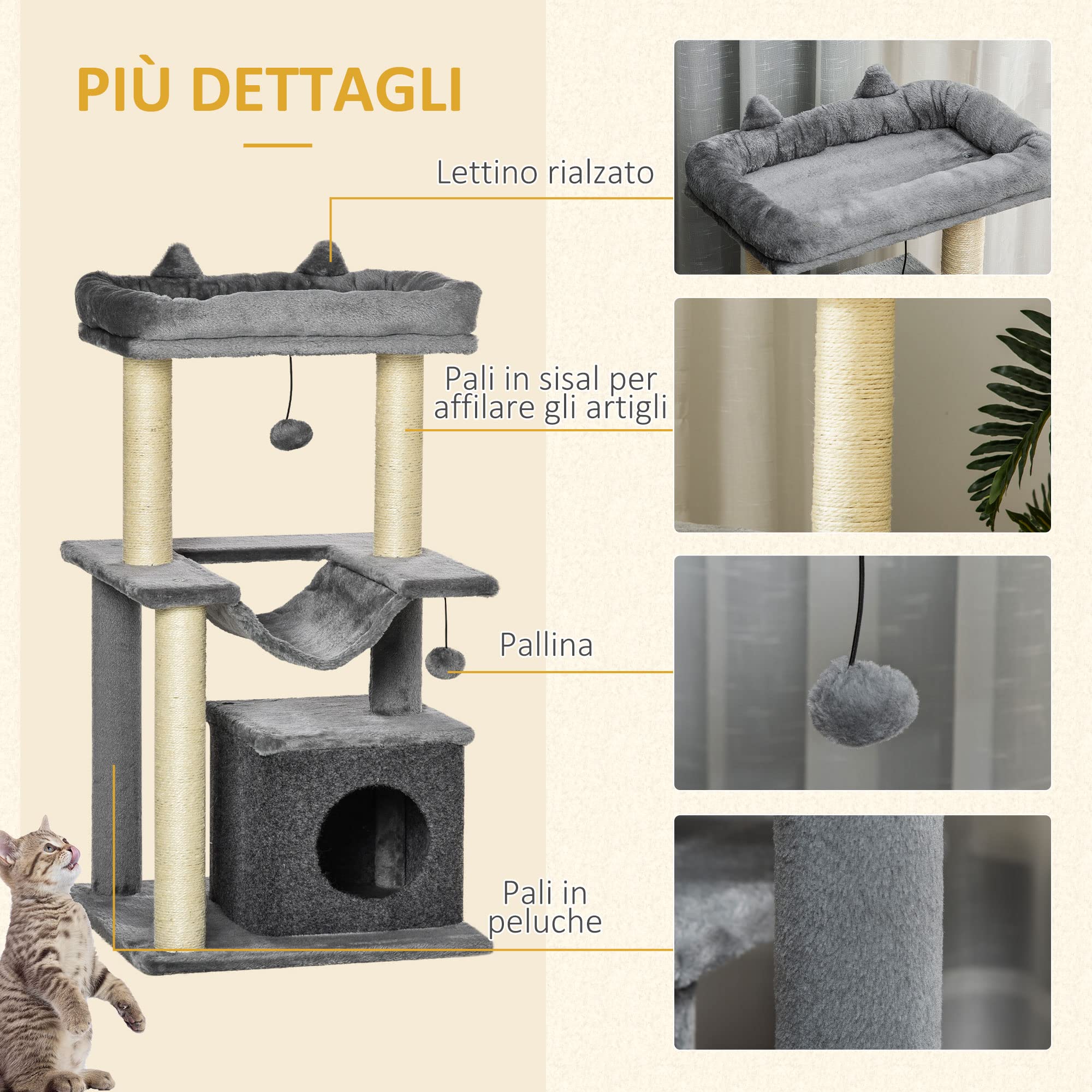 PawHut Albero Tiragraffi per Gatti Adulti, Graffiatoio Castello per Gatti con in Corda Sisal, Casetta, Cuscino e Amaca, 2 Palline, Rivestimento in Peluche e Feltro, Altezza 90cm, Grigio