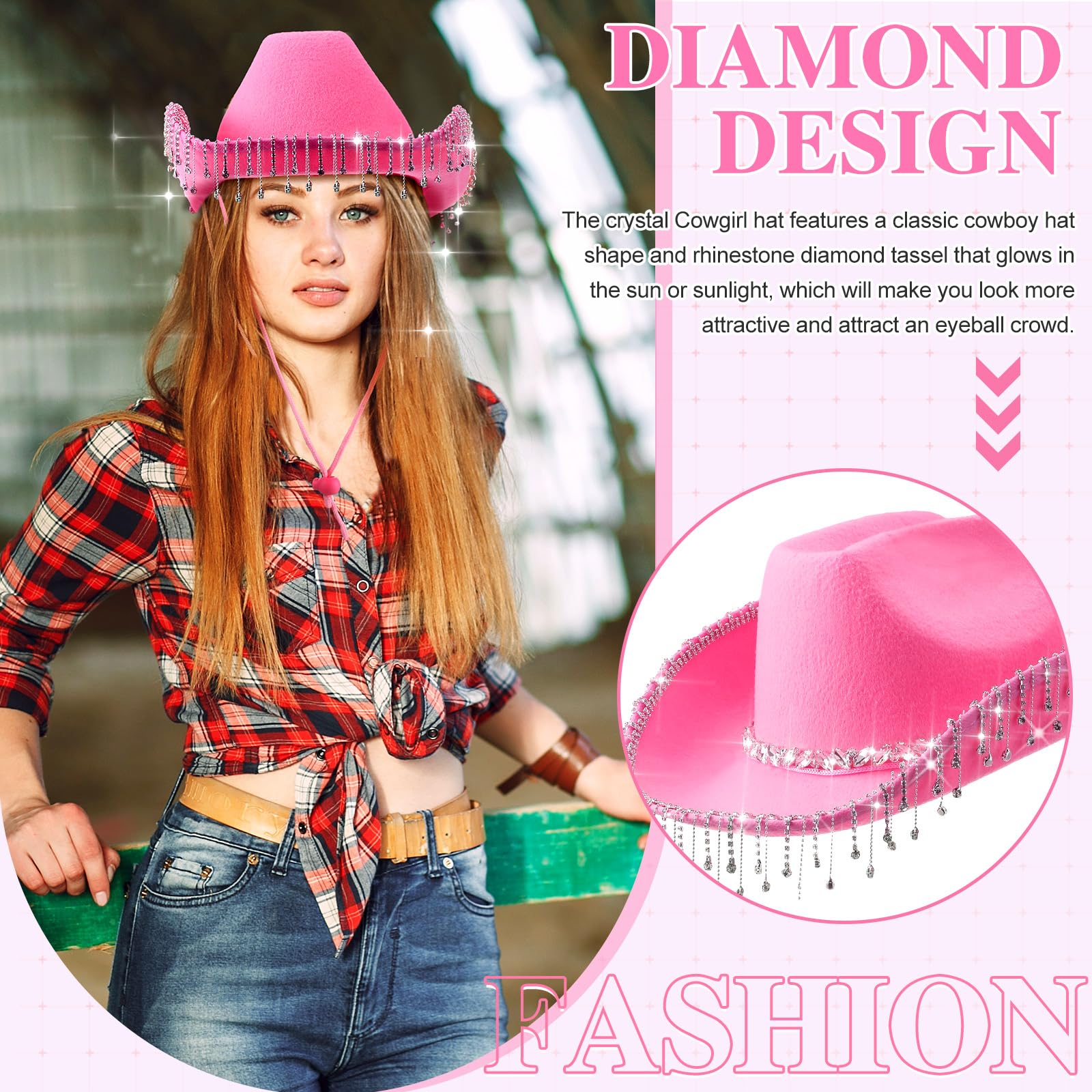 Rhinestone Cowgirl Cowboy Hat and Bachelorette Bandanas Set Bling Diamond Fringe Hat for Women Men Cosplay Costume (Stylish Style, Pink)