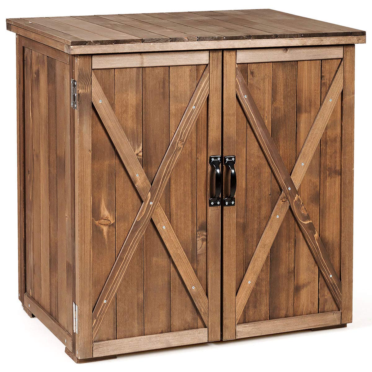 TANGZON Wooden Storage Shed, Outdoor Tool Storage Chest with Double Doors, Utility Varnished Tool Cabinet Organizer for Garden, Balcony, Patio, Lawn and Courtyard