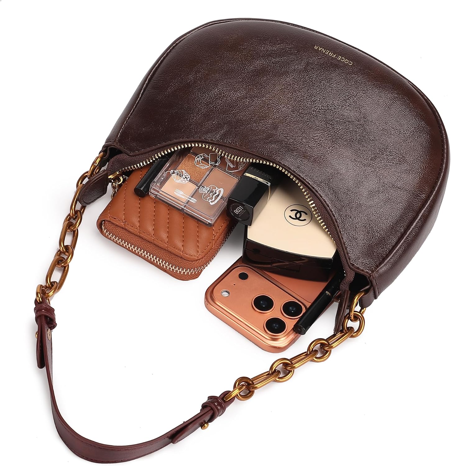 Women's Crescent-Shaped Shoulder Bag Elegant PU leather crossbody bag with gold chain, suitable for everyday wear and travel