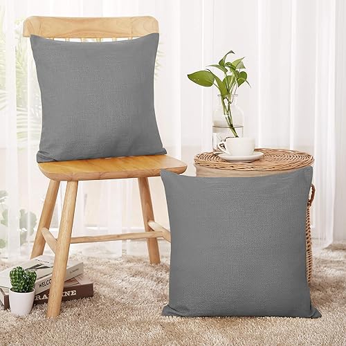 Deconovo Juego de 2 fundas de cojín tejidas de lino sintético fino con cremallera invisible para sofá de 18 x 18 pulgadas, color gris