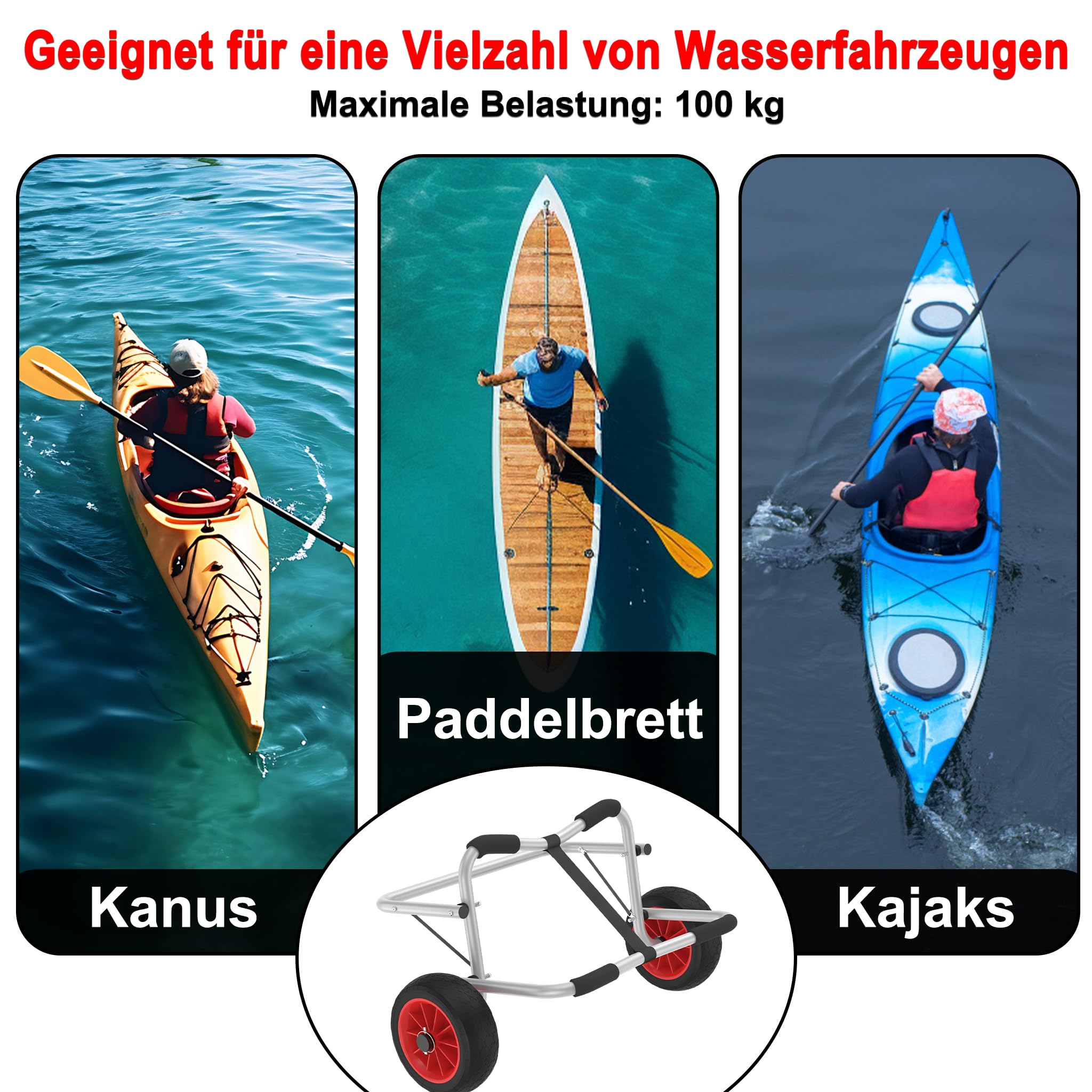 Kanuwagen Faltbarer Alu Kajakwagen SUP Transportwagen mit 2 PU-Räder & Spannriemen bis 100 kg Bootstrailer Trolley,ideal für Boote Kanu Kajak Surfboard Faltboot