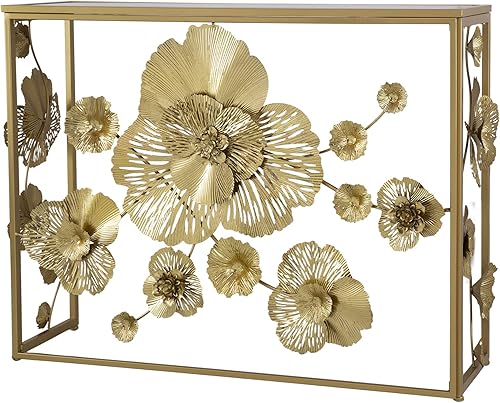 A&B Home - Mesa consola dorada con parte superior de vidrio espejado, mesa consola moderna de mediados de siglo con marco de metal para sala de