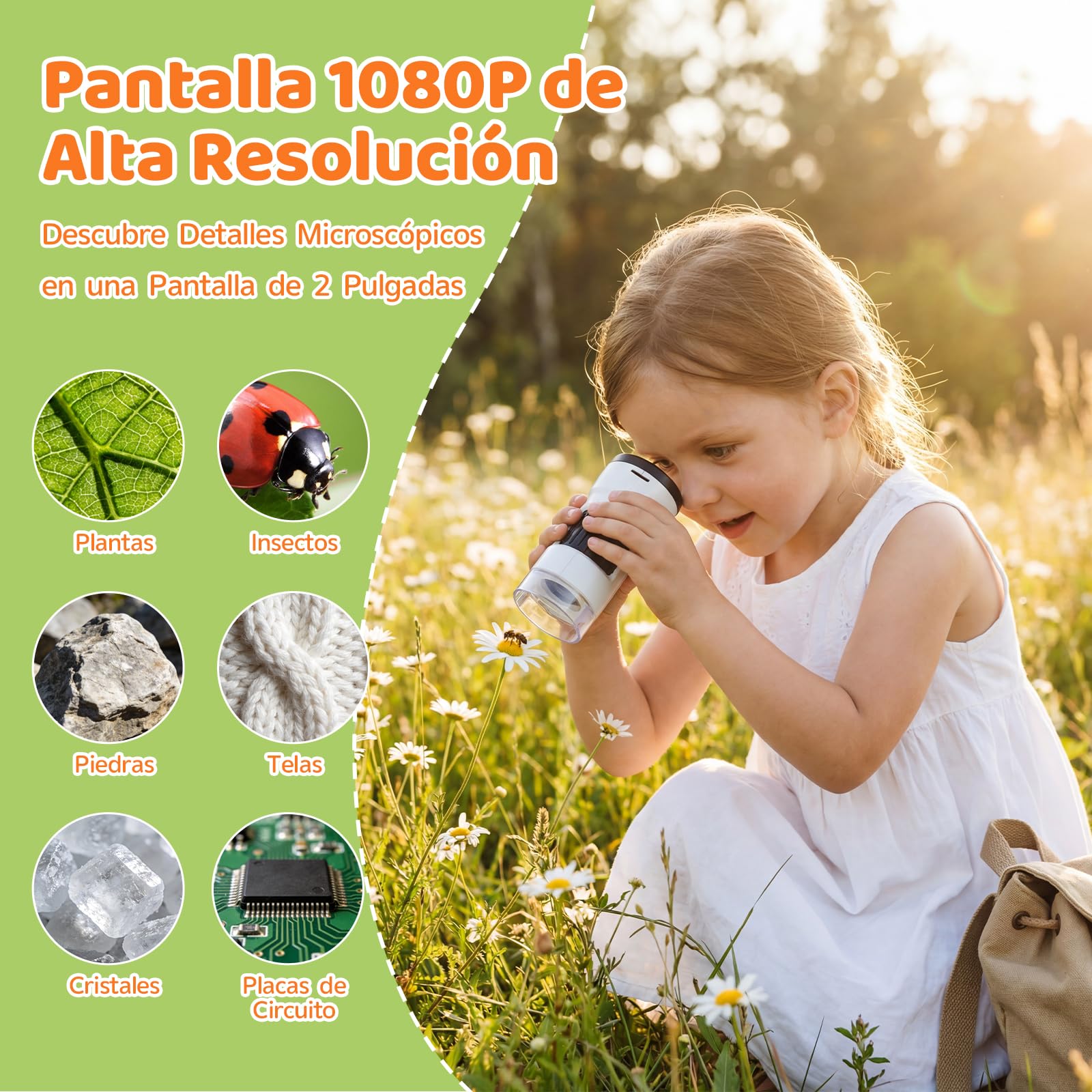 200x-1000x Microscopio para Niños, Pantalla IPS de 2 Pulgadas, con Trípode Mini y Tarjeta Micro SD 16GB, Juguetes Regalo Niños 4-12 Años