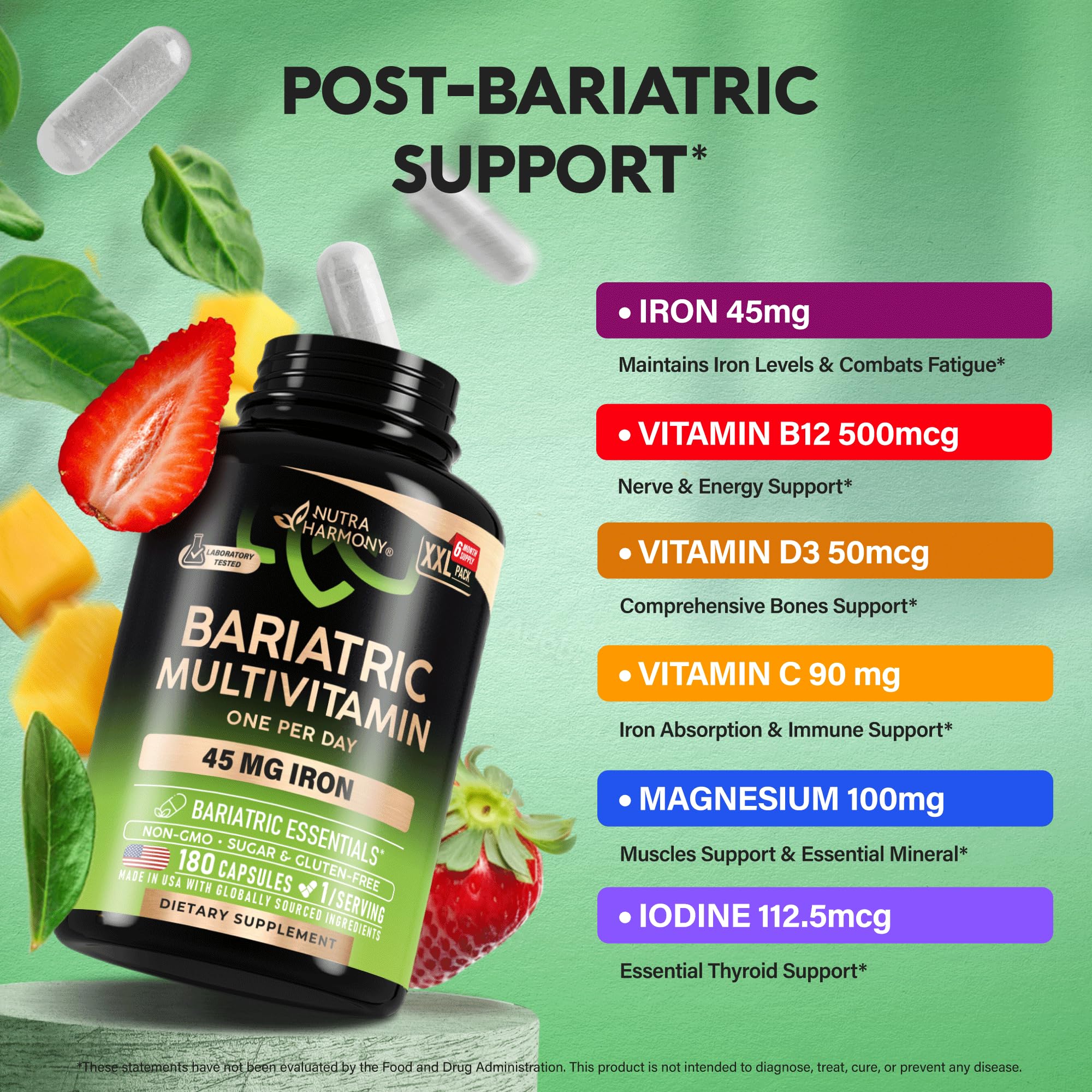 Bariatric Multivitamin - 45 mg Iron Supplements - Made in USA - for Women & Men - All-in-One, 21 Essential Vitamins - Gastric Sleeve Support - Free of Sugar, Gluten & Soy - 180 Capsules, Once Daily