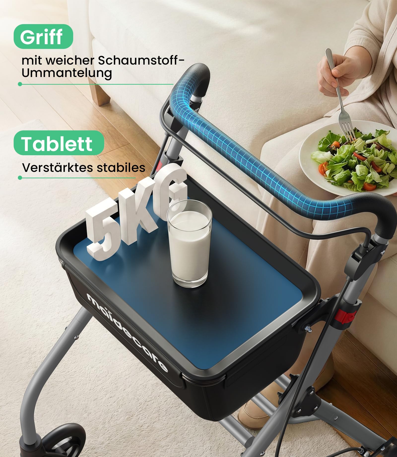Rollator Schmal für Wohnung, Indoor Rollator Faltbar und Leicht mit Klappbar Tablett & Stoffkorb, Gehhilfe für Senioren mit Spuer Leiser Anti-Rutsch Reifen,Aluminium, Mobilität für Zuhause, Silber