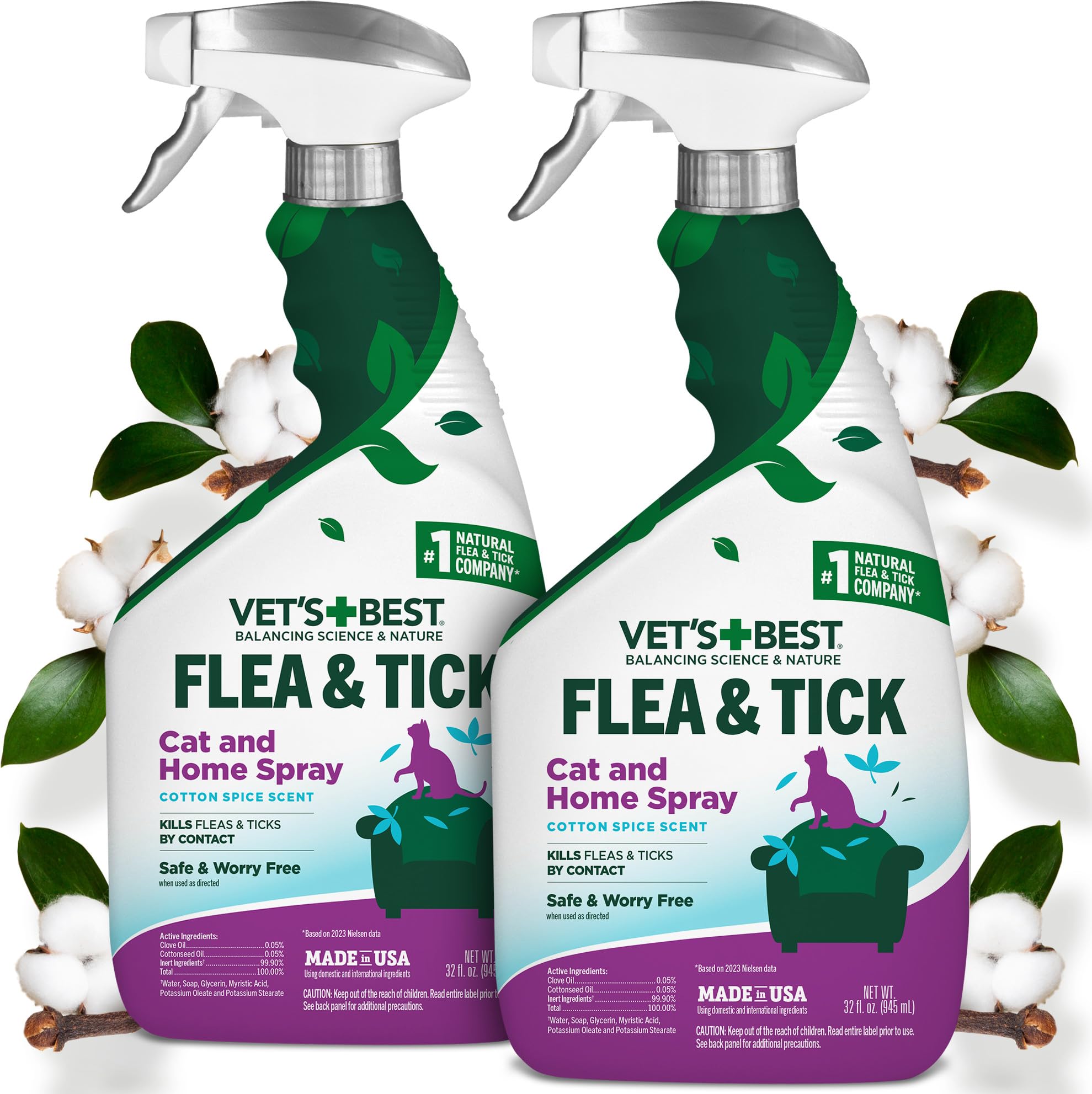 Vet's Best Natural Cat Flea & Tick Home Spray – Plant-Based Cotton Spice Mist for Cats – Indoor Flea Control with Natural Oils – Gentle Scented Spray for Home Use – Made in USA, 32 oz, 2-Pack