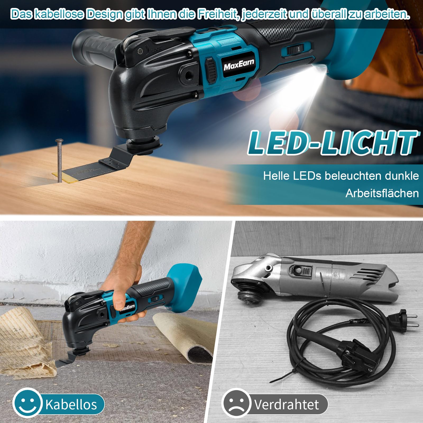 Akku-Multifunktionswerkzeug mit 6 Titan Sägeblätter + 15 Sandpapier, Kabelloses Oszillierendes Werkzeug-Set für Makita 18V, Multitool Bürstenlos zum Schaben Schneiden Schleifen (ohne Akku)