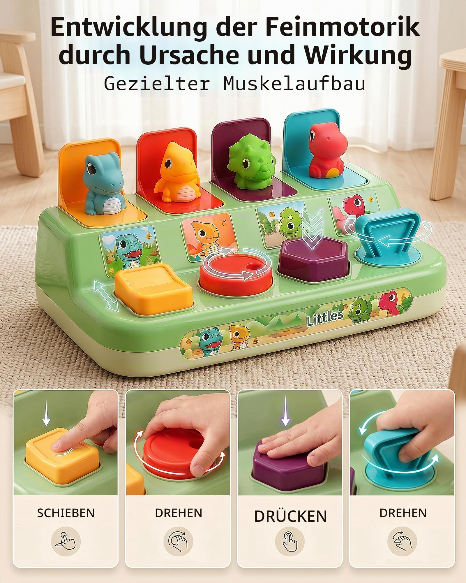 Baby Spielzeug ab 12 Monate, Pop Up Activity Spielzeug mit Dinosaurier, Motorikspielzeug ab 6 Mo. Frühe Entwicklung Ursache und Wirkung, Musikspielzeug Geschenke Spiel ab 1 2 Jahr Mädchen Junge