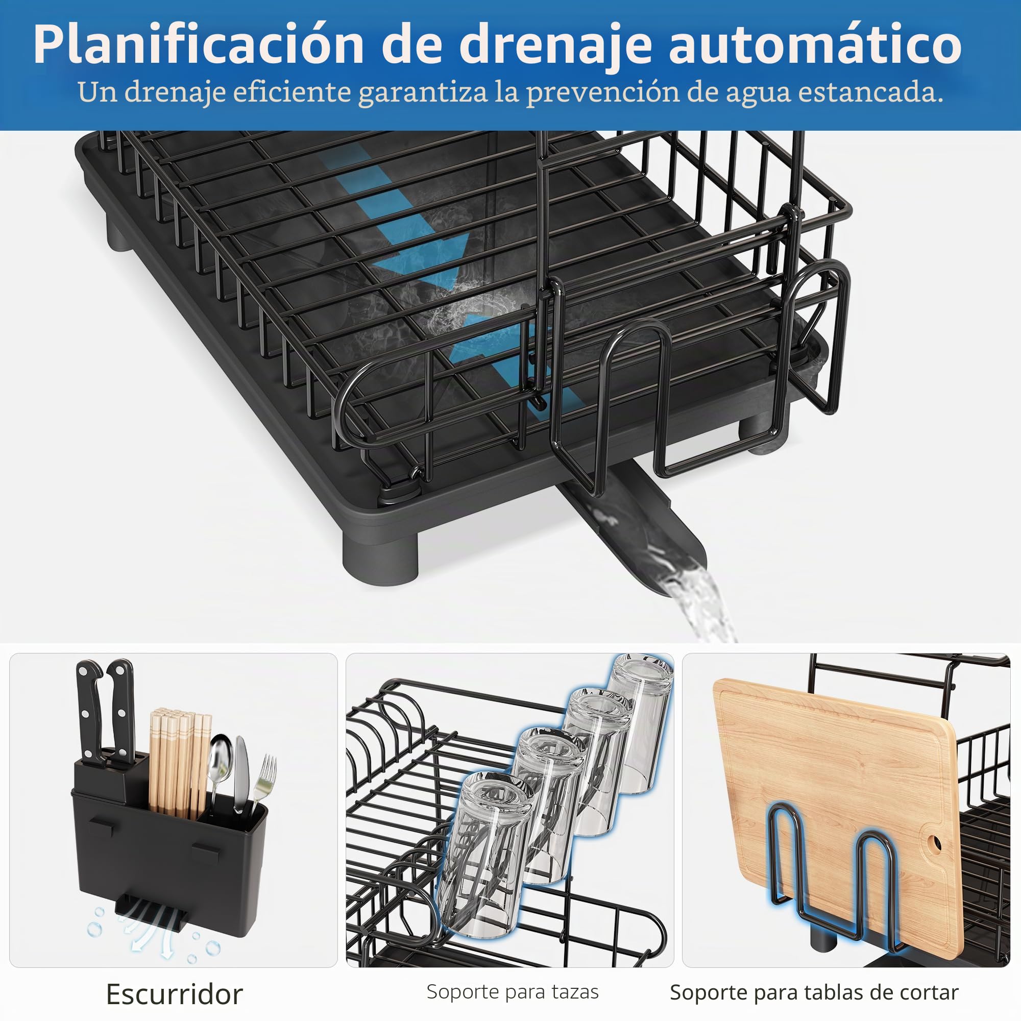 MAJALiS - Escurridor de Trastes Acero Inoxidable 304, Escurridor de Platos Grande de 2 Niveles con Drenaje, Estante de Almacenamiento para Cubiertos de Cocina，Viene con Almohadilla de Secado (Plata)