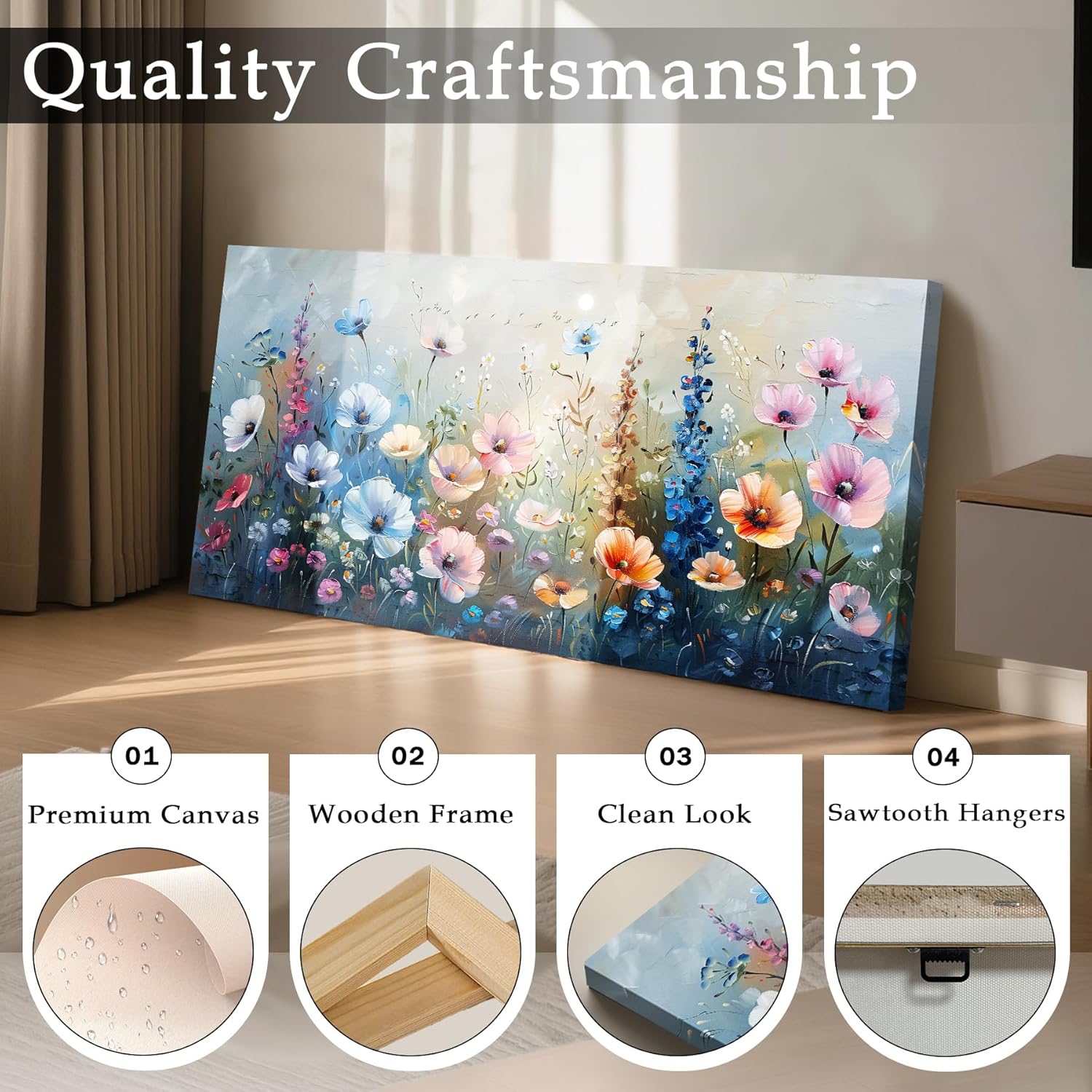 imjiayu Flower Wall Art, Large Wall Decor, Blue Floral Wall Art, Vibrant Wildflower Painting Prints, Colorful Canvas Pictures for Living Room Bedroom Hallway Office Cottagecore Farmhouse 24"x48"