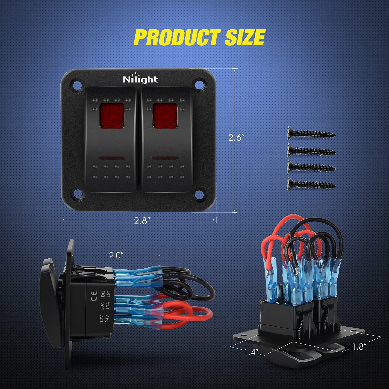 2 Gang Rocker Switch Panel 12V 24V DC Red Switches